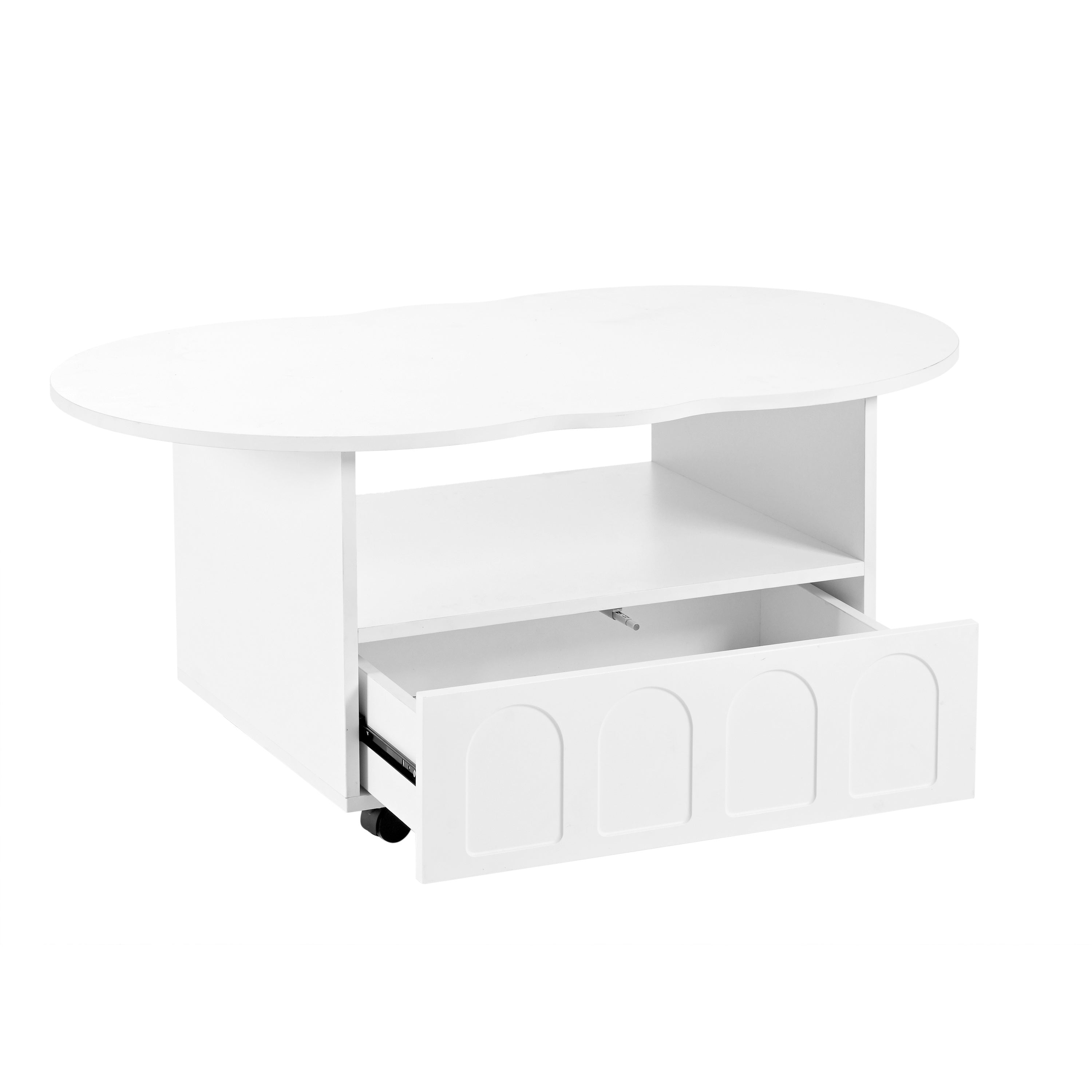 Flexible Cream Style Coffee Table With 2 Brake Wheels, Cloud Top Side Table With Drawer, Irregular Center Table With Large Storage For Living Room, White, 39.37''x 23.6''