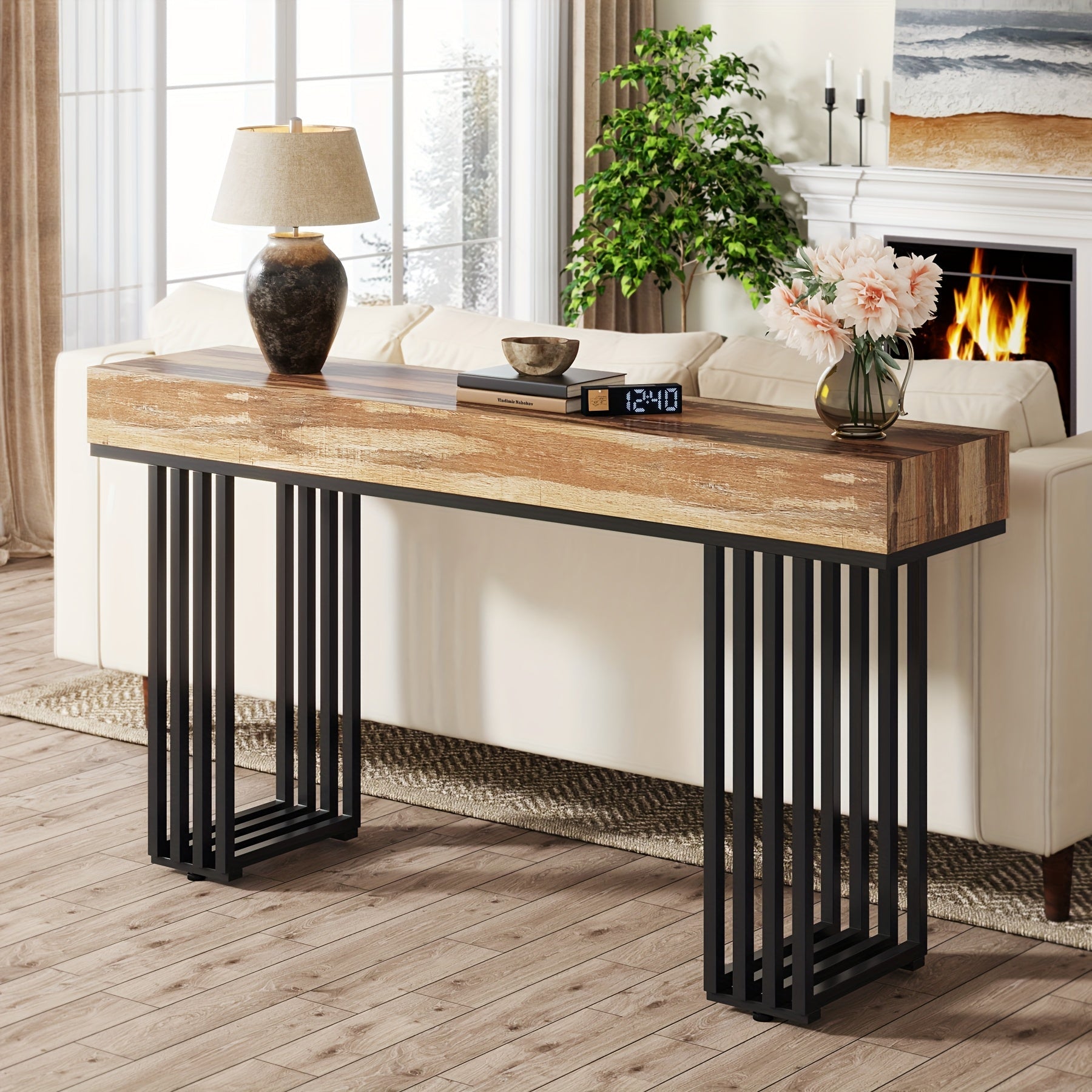 1pc Industrial Solid Wood Narrow Console Table, 55-Inch Entryway Hallway Table with Stylish Metal Frame, Farmhouse Sofa Foyer Table for Living Room, Bedroom, Entrance - Independent, No Electricity Needed, <3.2 Cu