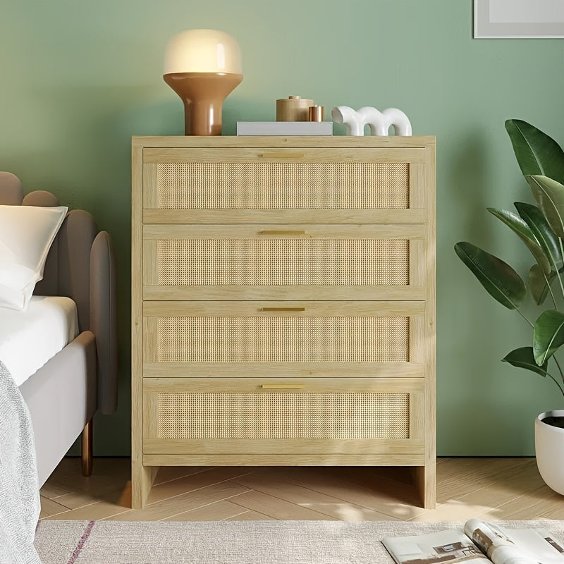 4 Drawer Dresser for Bedroom, Rattan Modern Wooden Dresser Chest with Golden Handles,, Wood Storage Cabinet, Beside Table for Closet, Living Room and Entryway, Natural