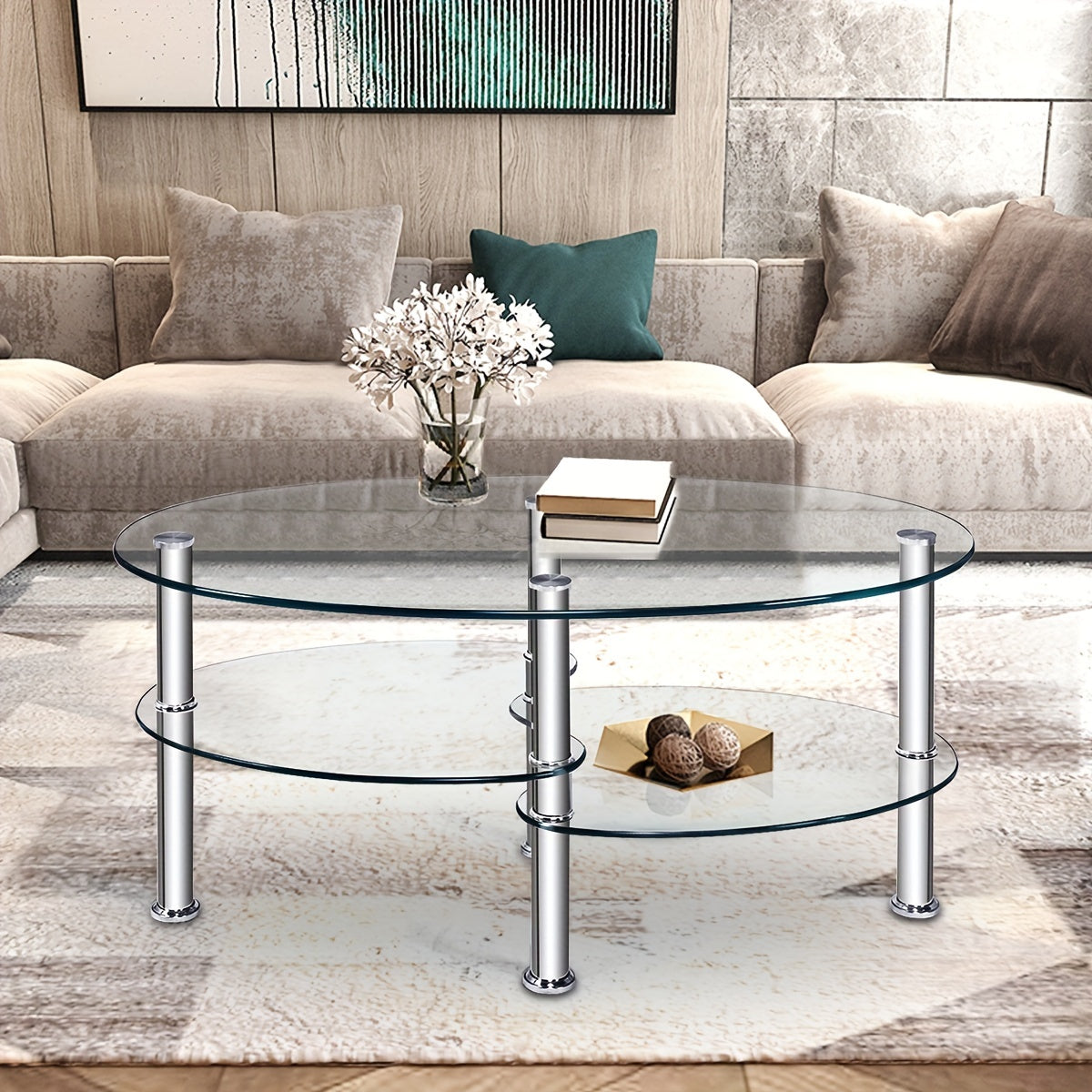 1pc Tempered Glass Oval Side Coffee Table Shelf Chrome Base Living Room Clear New