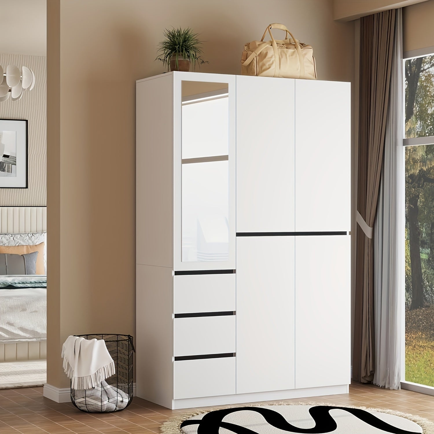 5-Door Armoire Wardrobe with Mirror - Spacious Storage Closet with 3 Drawers Easy Assembly Portable Closets - White