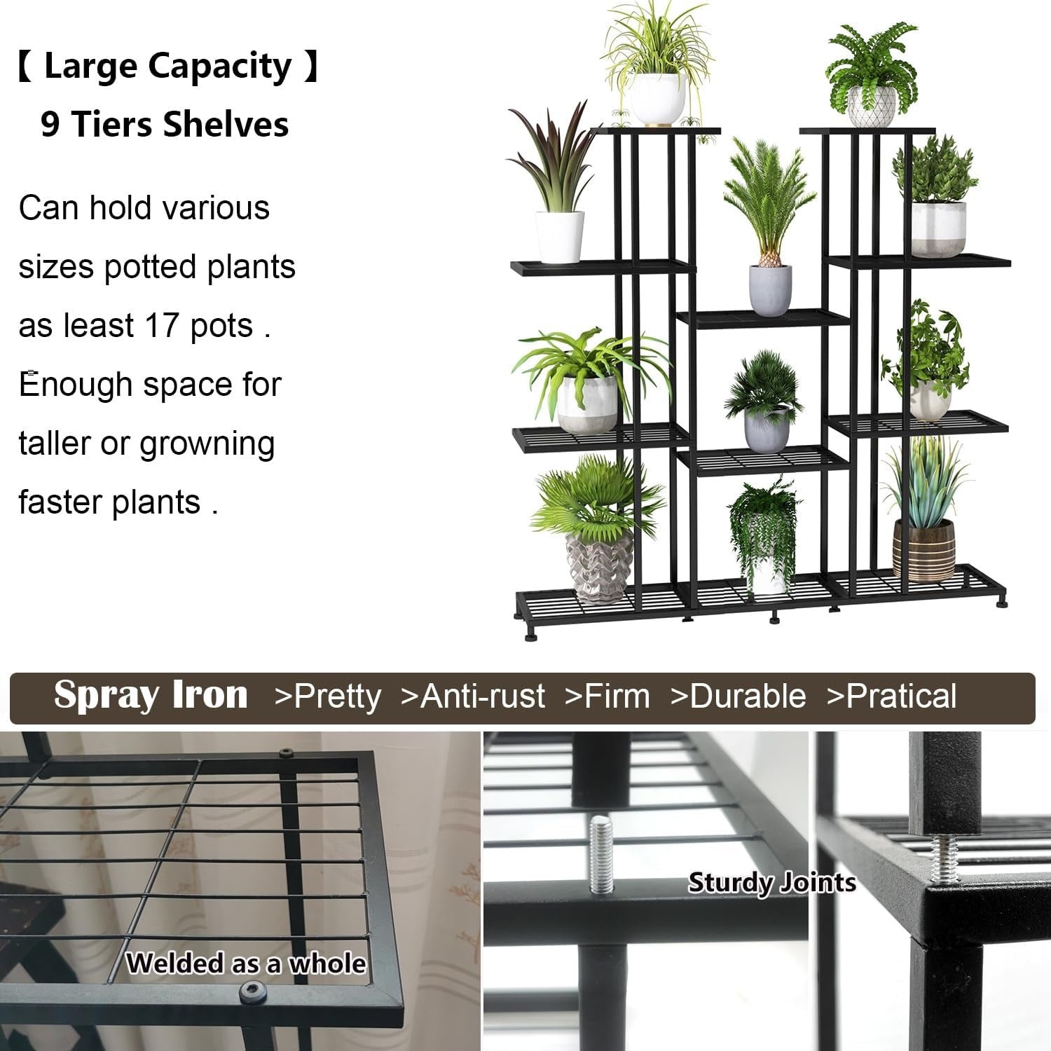 Metal Plant Stand, large indoor Plant Stands Decorative Black Steel Plant Shelf for ontdoor Patio Garden Balcony and Yard, tall multi tier plant stand (9 Tier) Garden Houses