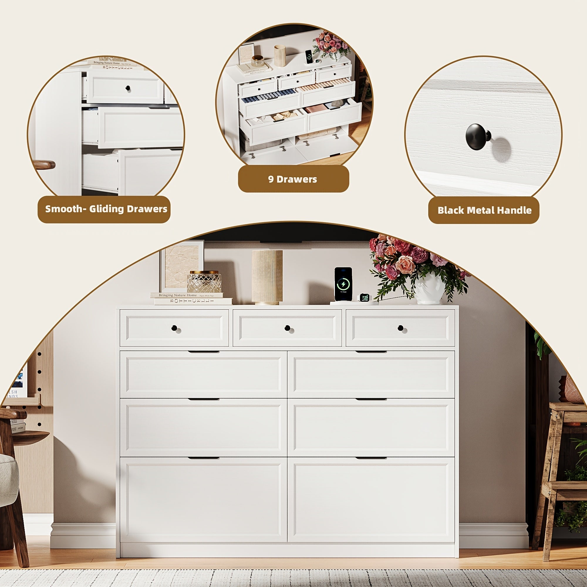 9 Drawer Dresser For Bedroom 120cm Long Modern Chest Of Drawers With Power Outlet Mid Century Dresser Fluted Dresser