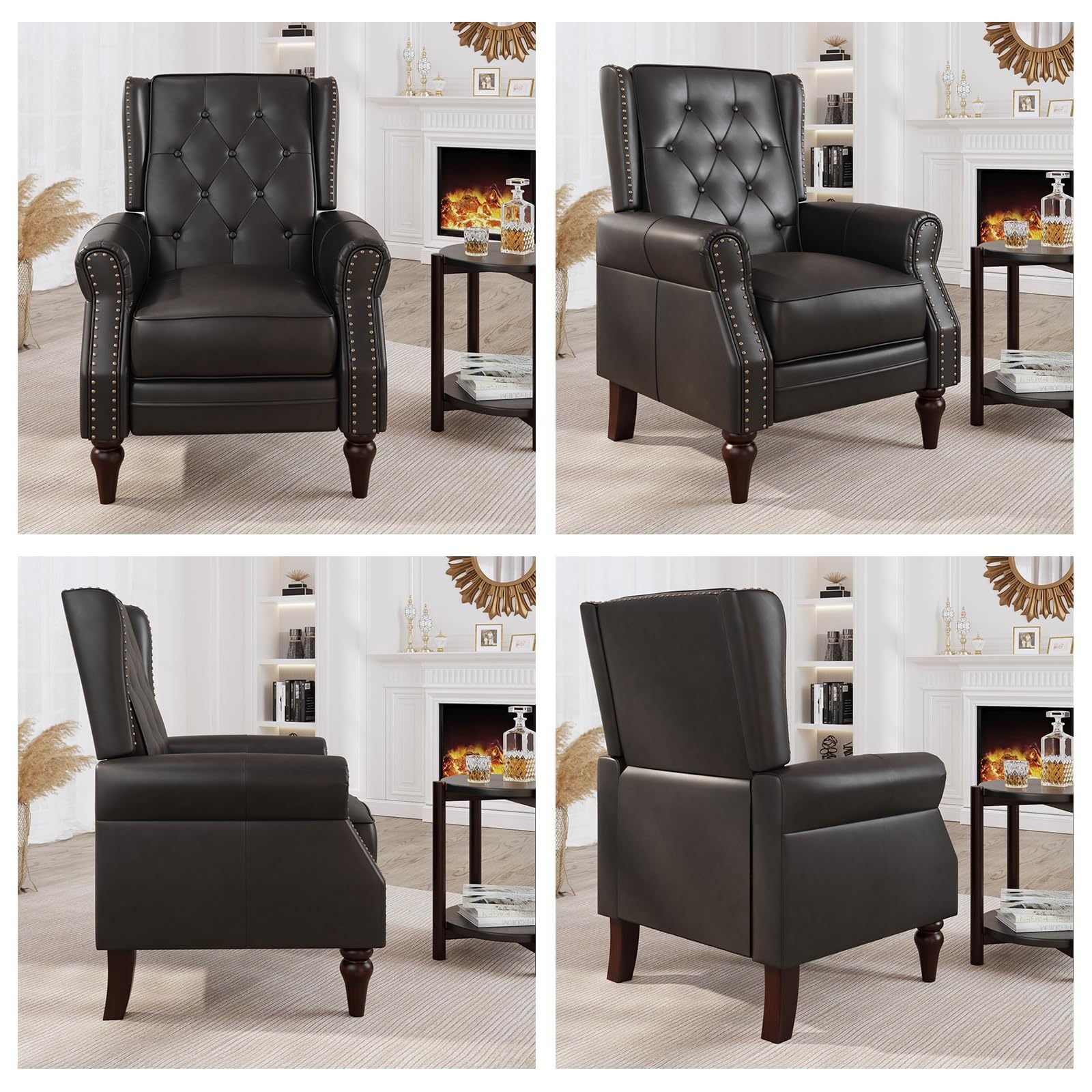 Faux Leather Recliner, Single Sofa Chair with Riveted Inlay and Tufted Buttons, Adjustable Back Armchair, Lazy Club Chair with Wooden Legs, Black