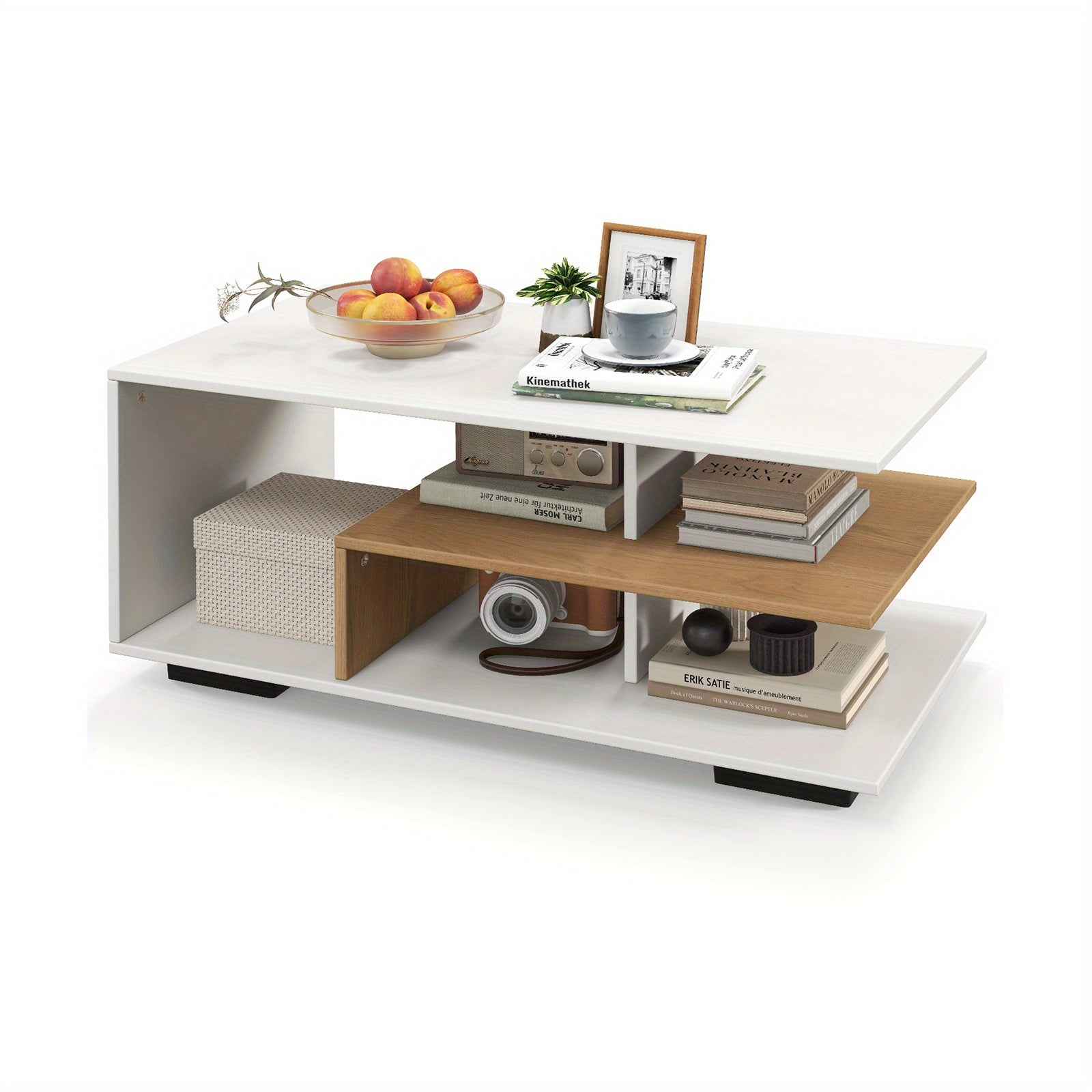 Modern Geometric Coffee Table with Storage - 3-Tier Rectangular Centerpiece L-Shaped Shelf Durable Hardwood