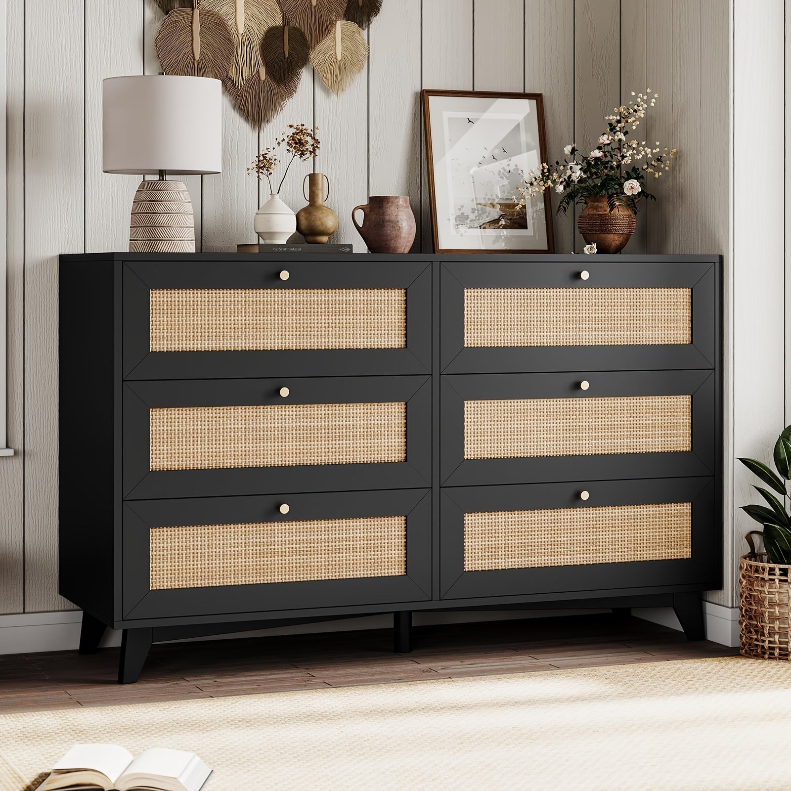 47.2'' Black Natural Rattan Dresser For Bedroom With 6 Drawers, Modern Double Wooden Wide Bedroom Dresser, Chest Of Drawers With Metal Handle & Solid Wood Legs For Bedroom/Living Room