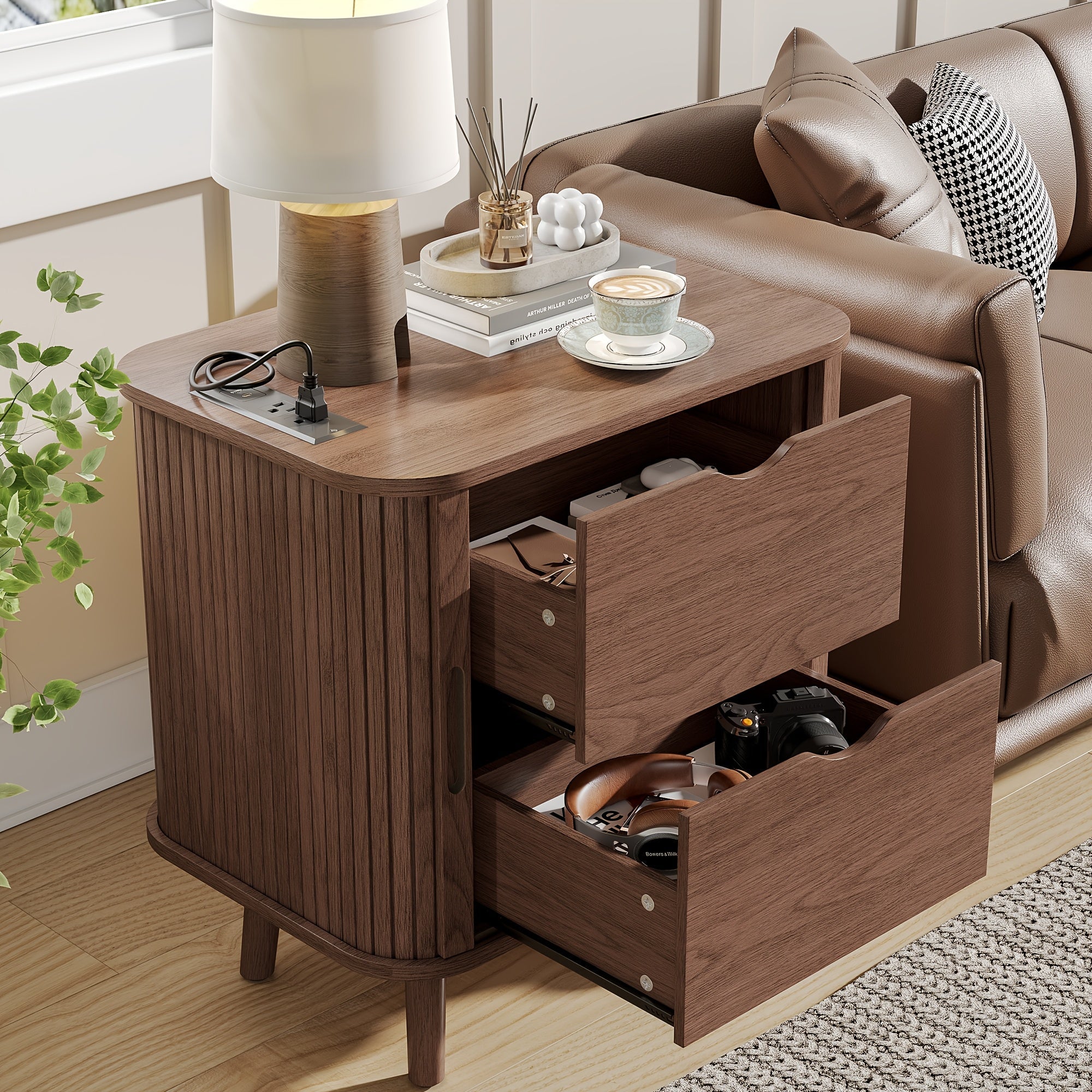 Mid-Century Modern Wood Nightstand with Sliding Doors, Non-Waterproof Solid Wood Bedside Table, with Drawers and Shelves, for Bedroom and Living Room