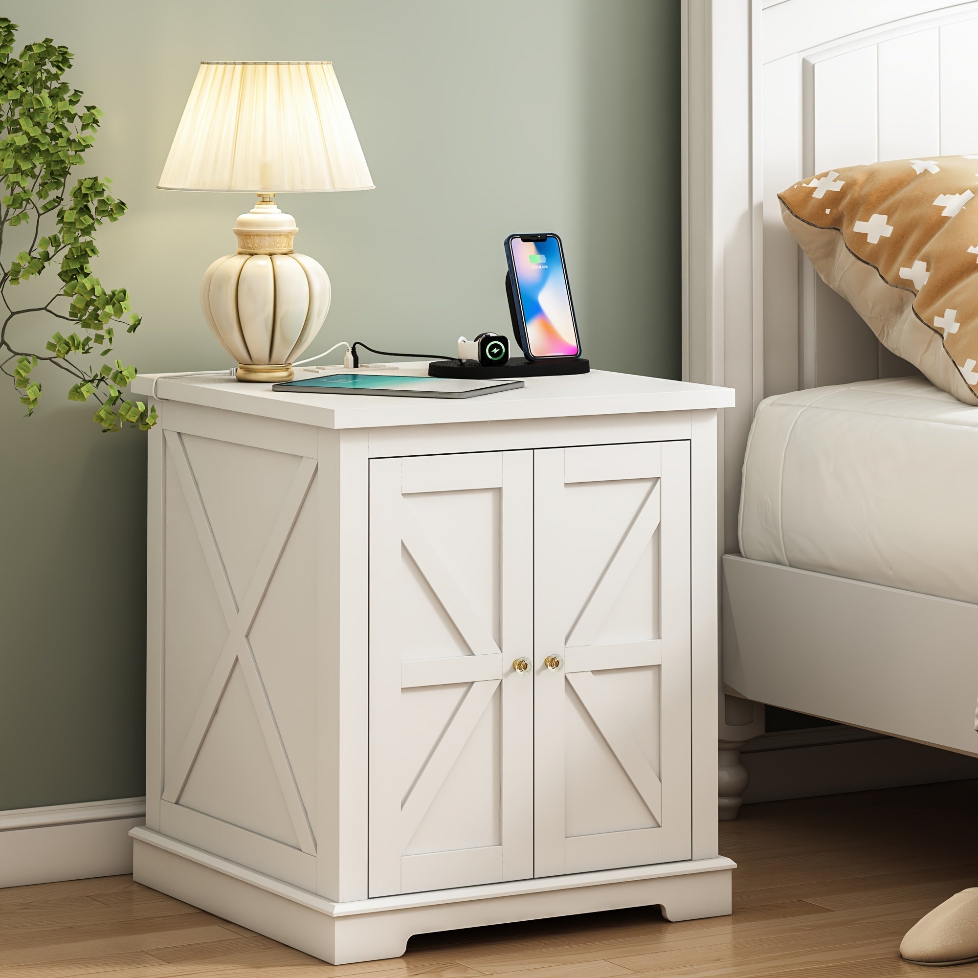 Nightstand with Charging Station, 26.9 Inch Wood End Table with 2 Adjustable Storage Shelves, Farmhouse Bedside Table with LED Lights and 2 USB Ports, for Living Room, Bedroom, White