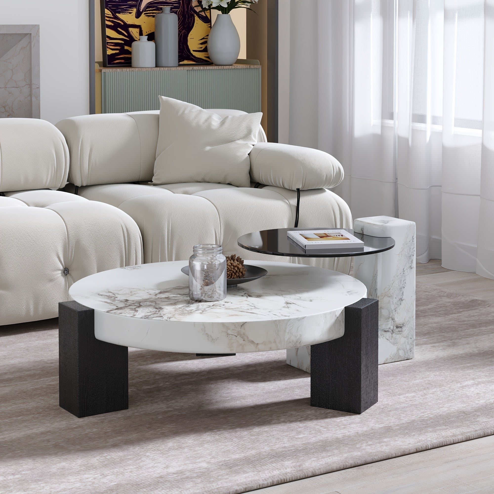 Elegant Modern Coffee Table Set with Faux Marble Top - Includes Large Round Center Table & Glass-Top Side Table, Perfect for Living Room or Office Decor