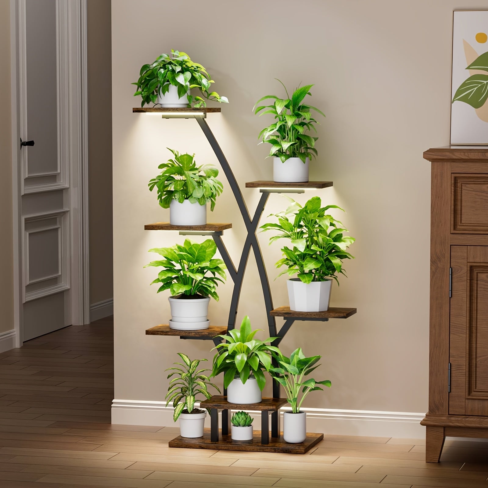 Plant Stand Indoor With Grow Lights - 7 Tiered Plant Shelf Indoor, Multi Functional Display Stand With Thickened Wooden Boards, Corner Plant Stands For Plants Multiple, 42" Metal Corner Shelves, Plant Flower Holder Display Ra