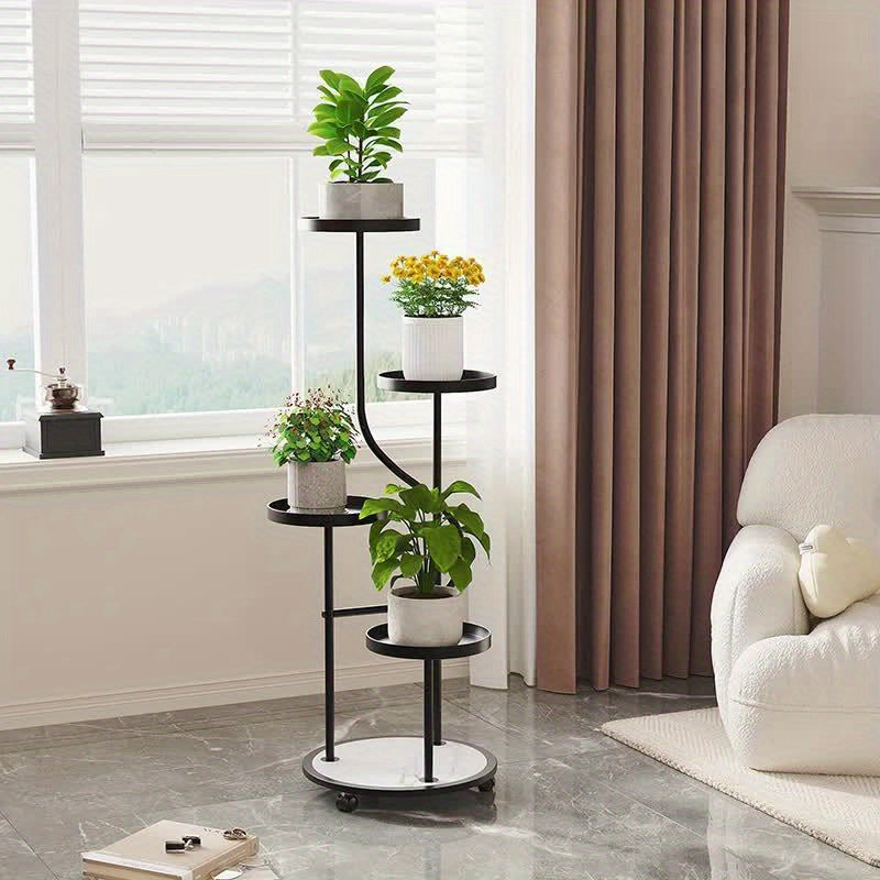 Art Deco Metal Vertical Plant Stand with Removable Wheels - 43.7" High Multi-Level Curved Flower Display Shelf for Living Room, Patio, Balcony Decor - Indoor/Outdoor Lacquered Planter Rack with Multiple Components