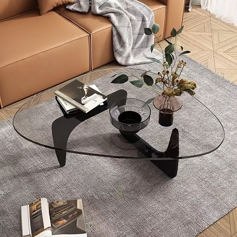 Mid-Century Modern Coffee Table - Triangle Glass Top Natural Wood Base Triangle Coffee Table For Living Room Patio