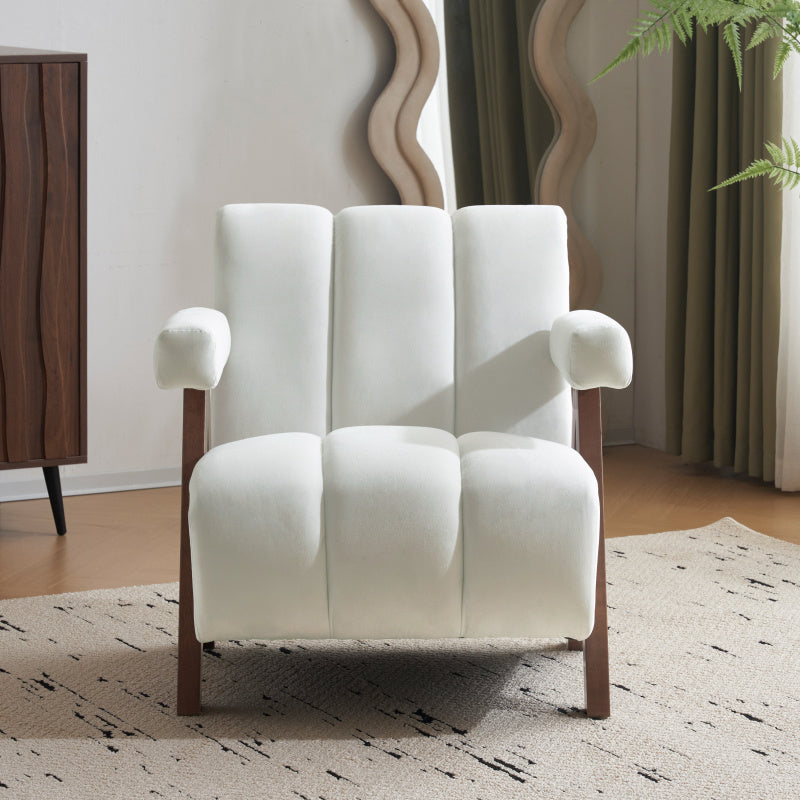 Mid Century Modern Accent Chair with Solid Wood Frame, Upholstered Living Room Chairs with Thick Cushion, Comfy Tufted Arm Chair for Bedroom, Living Room, Velvet, Ivory