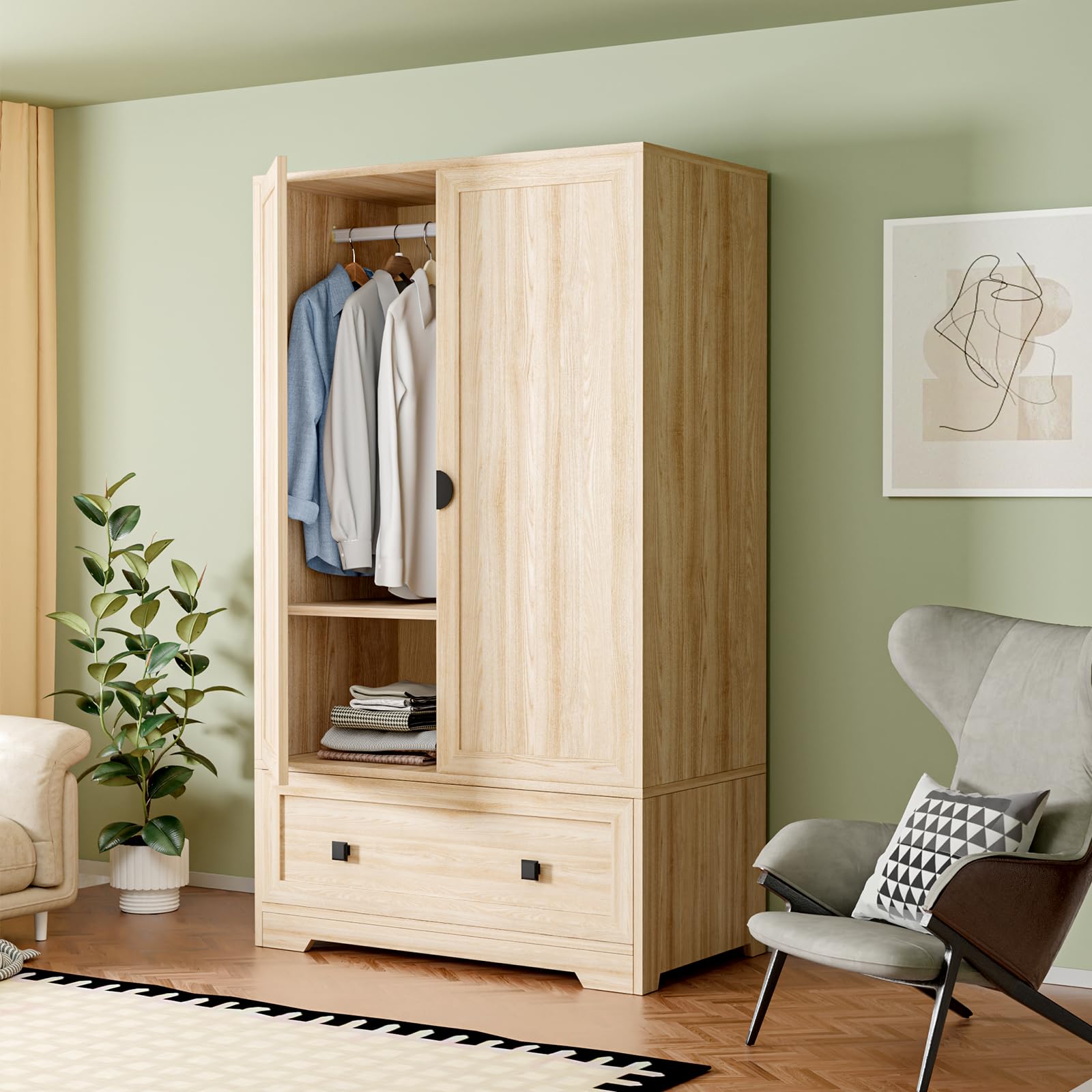 Wide Armoire Wardrobe Closet with Shelves, Hanging Rod and Drawers, Freestanding Closet Wardrobe Cabinet, Armoires and Wardrobes with Doors for Bedroom, Dorm