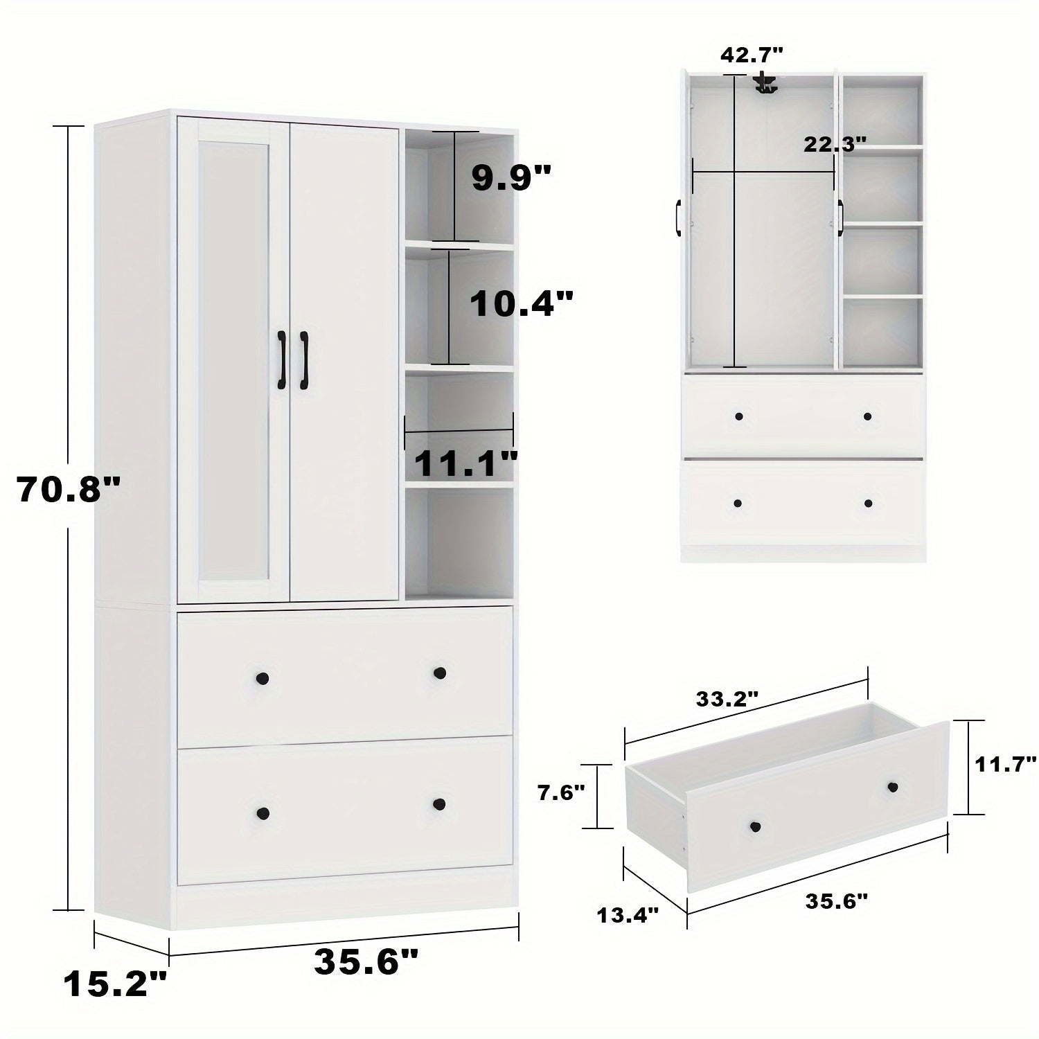 Armoire Wardrobe Closet with Doors and Mirror, Wardrobe with Hanging Rod, Clothes Wardrobe with Drawers and Shelves, Modern Wardrobe Closet