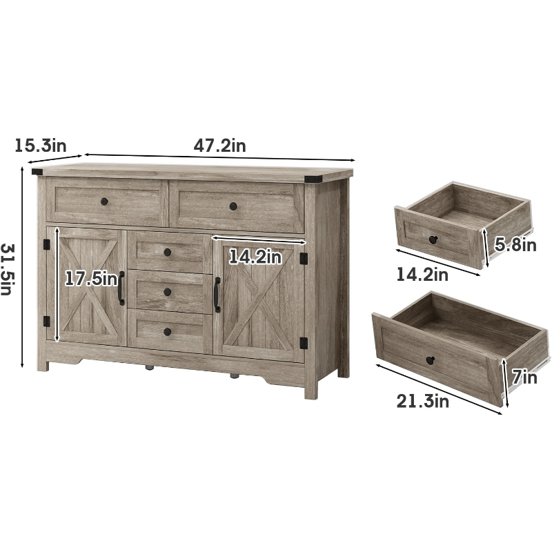 Solid Wood Farmhouse Dresser Chests for Bedroom with 5 Drawers & 2 Barn Doors, Tall Chest of Drawers, Rustic Dresser TV Stand, Dresser Organizer for Living Room, Kitchen