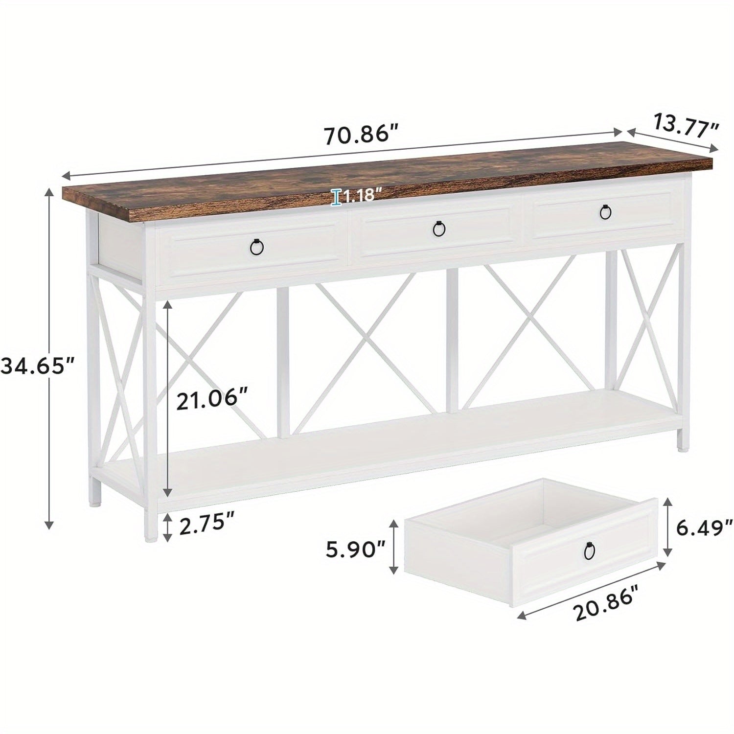 Farmhouse Entryway Table with Storage Shelf, Console Table with 3 Drawers, Narrow Long Sofa Foyer Table for Entryway, Hallway