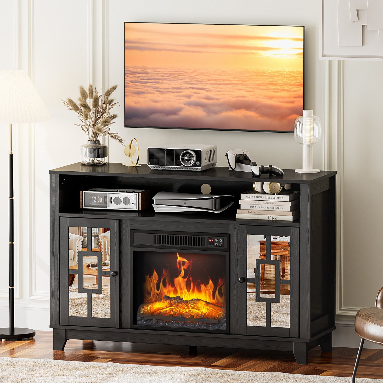 60-Inch Modern LED TV & Fireplace Entertainment Center with Glass Door Storage, Black Console Table with Ample Space for Media & Gaming - No Assembly Required