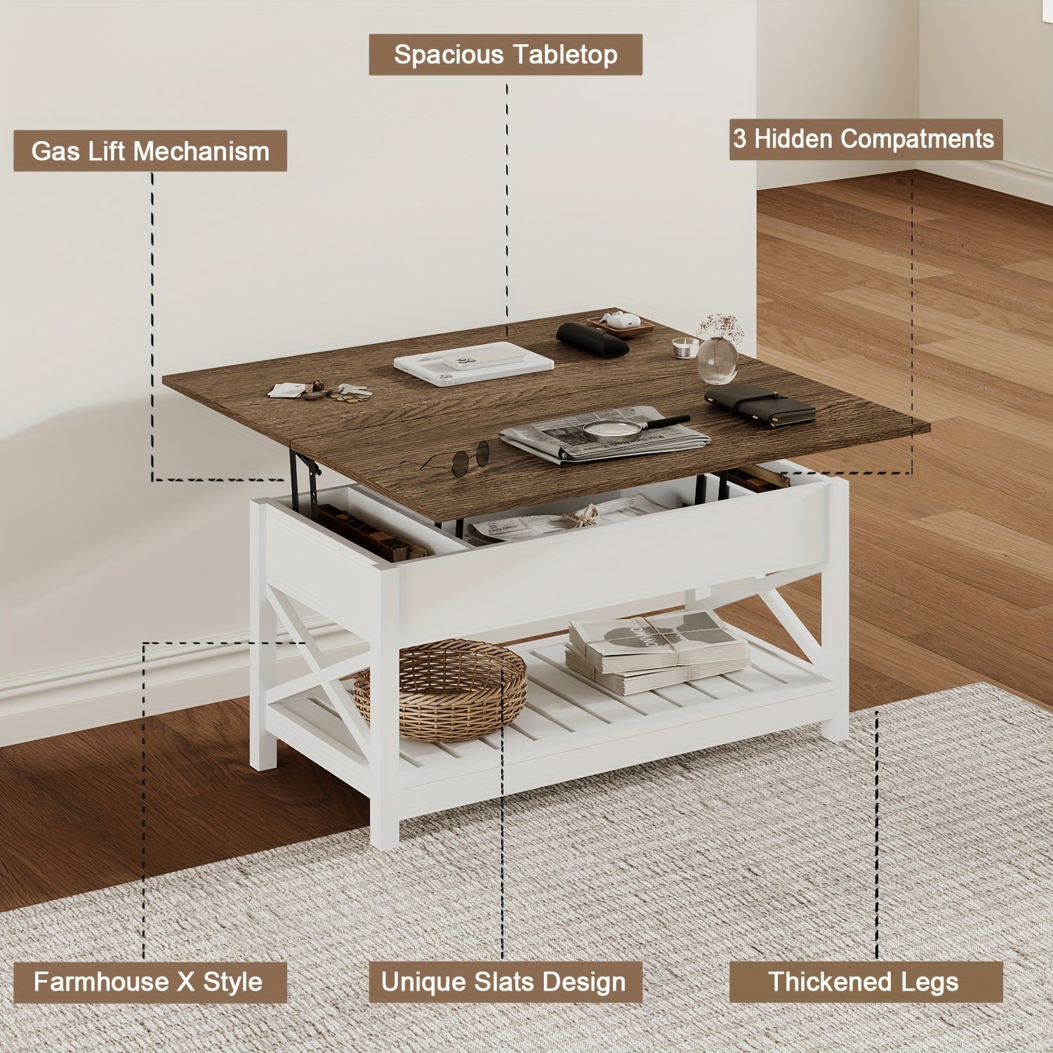 Versatile Farmhouse Coffee Table with Lift Top - Convertible to Dining, Storage & Hidden Compartment, Durable Wood Construction