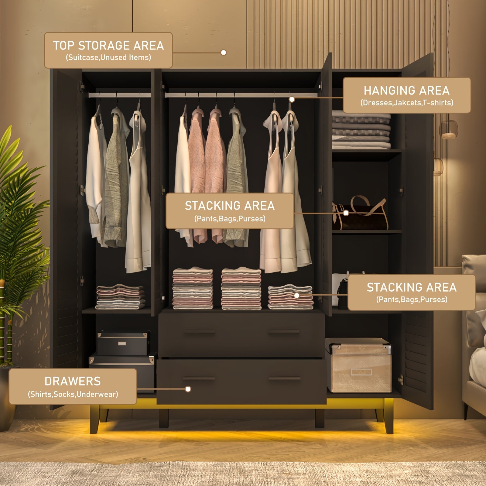 4 Door Wardrobe Armoire With 2 Large Drawers, 70" Armoire Wardrobe Closet With LED Lights, LED Wood Armoire Storage With Hanging Rods And Multi-Layer Shelves