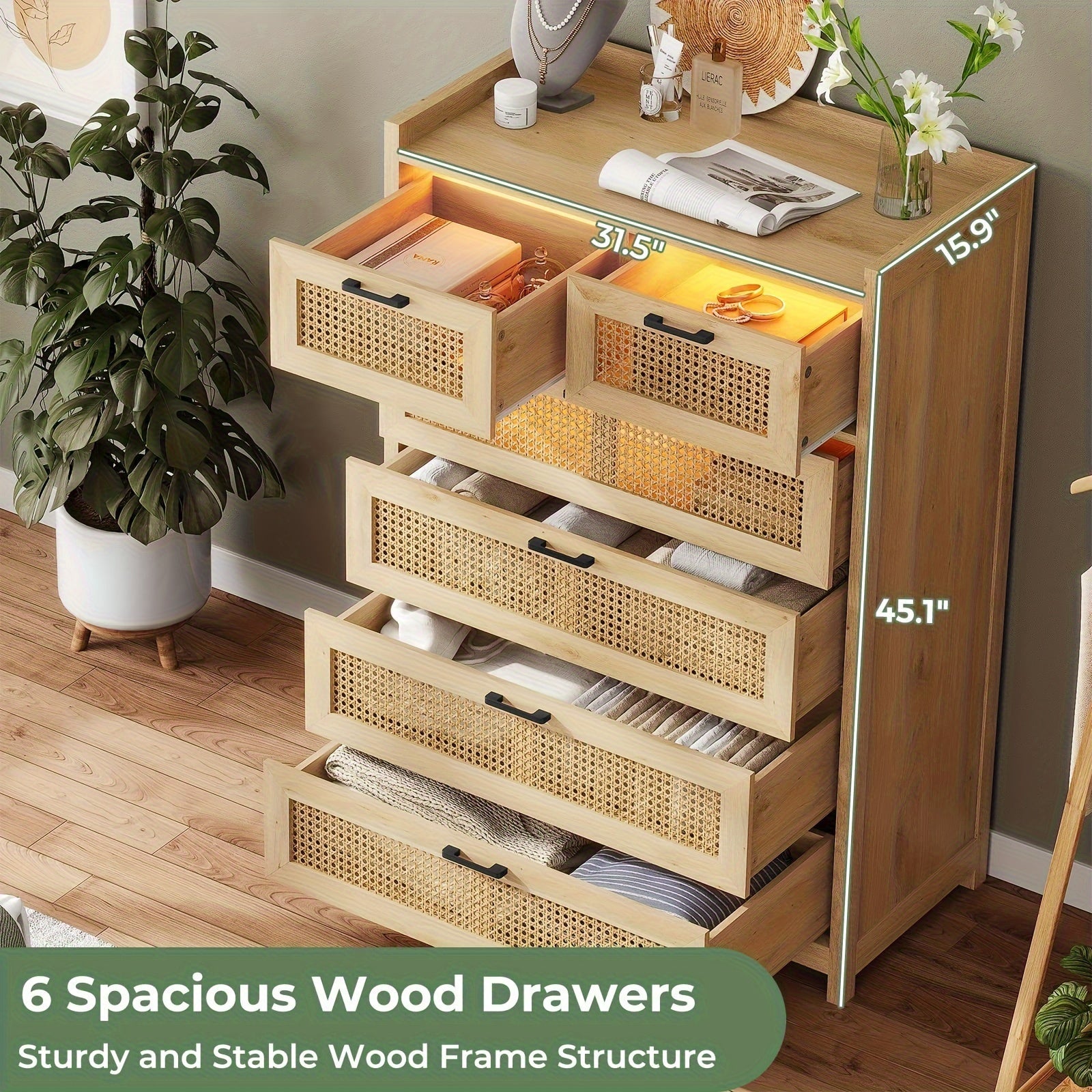 6 Drawer Dresser for Bedroom Natural Rattan Dressers with LED Light Tall Dressers Morden Chests of Drawers Dresser