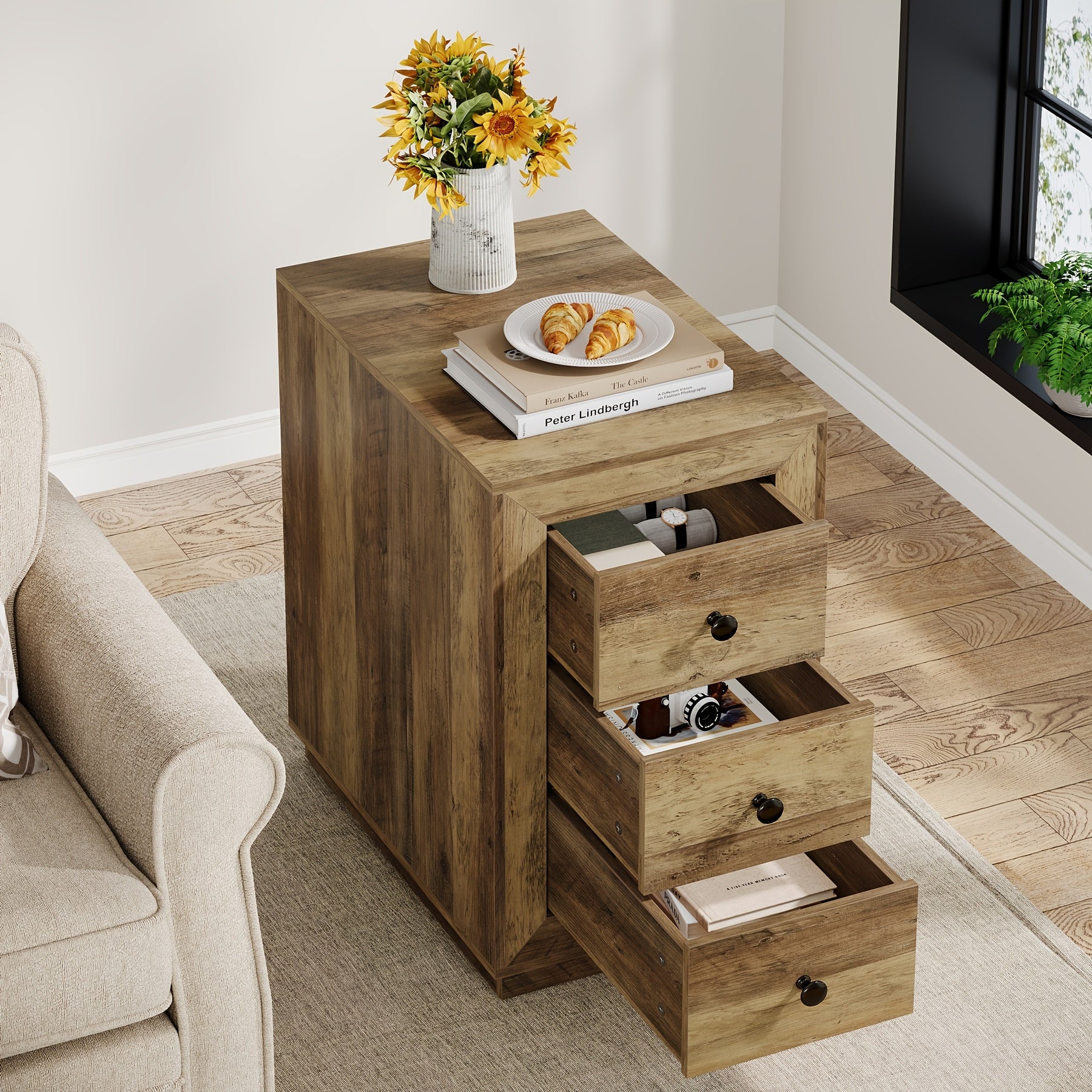 Rustic Brown Wooden End Table with 3 Storage Drawers - Versatile Farmhouse Side Table for Living Room & Bedroom, Stain-Resistant Finish, LITTLE TREE