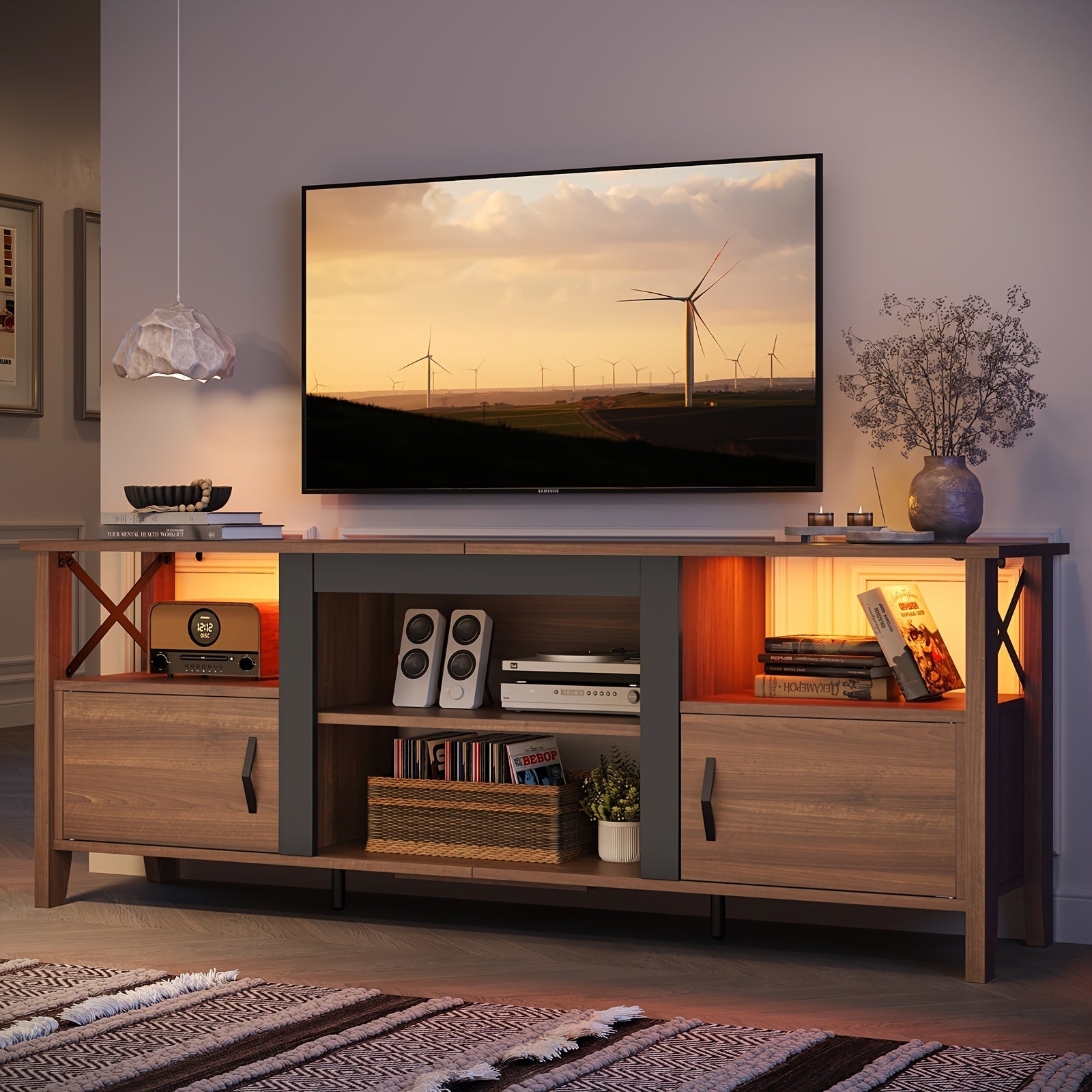 Farmhouse TV Stand For 70 Inch TV, Gaming Entertainment Center With LED Lights, 63'' Inch TV Console With 2 Storage Cabinets And Shelf For Living Room, Sturdy, Easy To Assemble - Perfect For Living Room