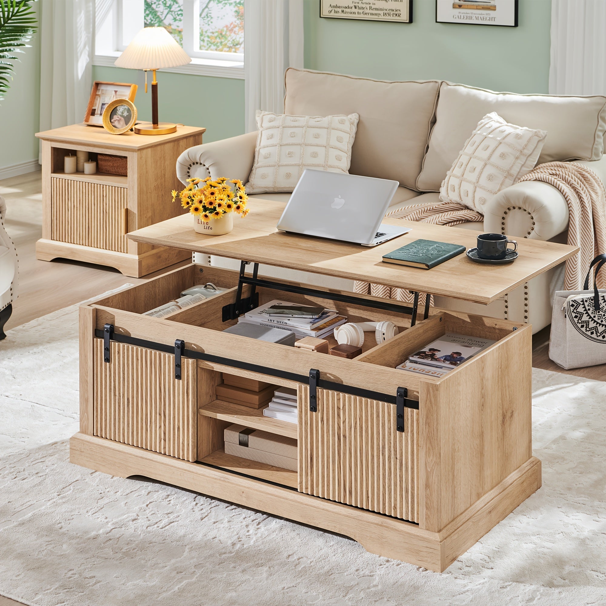 Modern 117cm Fluted Lift Coffee Table with Hidden Storage - Adjustable Height Sliding Door & Shelf Convertible Wooden
