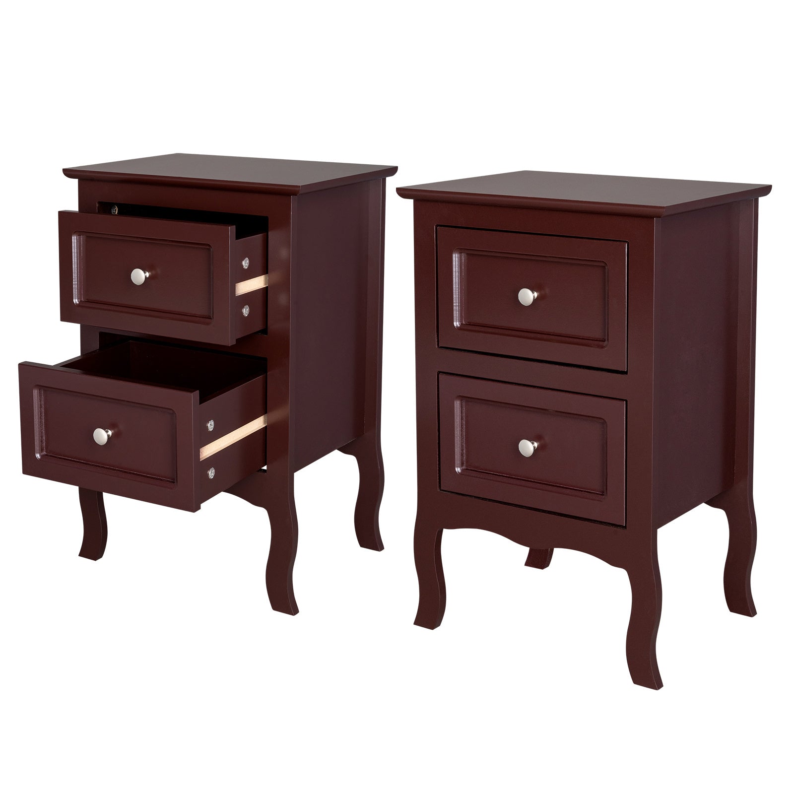 Brown Nightstand Set Of 2 for Bedroom, Vintage Small Night Stand with Drawers, Wooden End Tables with Curved Legs for Office, Farmhouse Side Table, Mid-Century