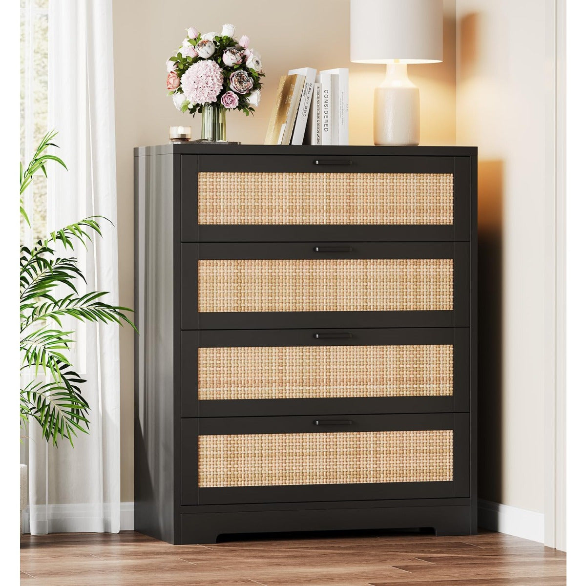 4 Drawer Dresser for Bedroom, Rattan Chest of Dressers, Modern Wood Tall Dresser with Power Outlets, Drawer Organizer Unit with Metal Handle for Living Room Closet Hallway Entryway