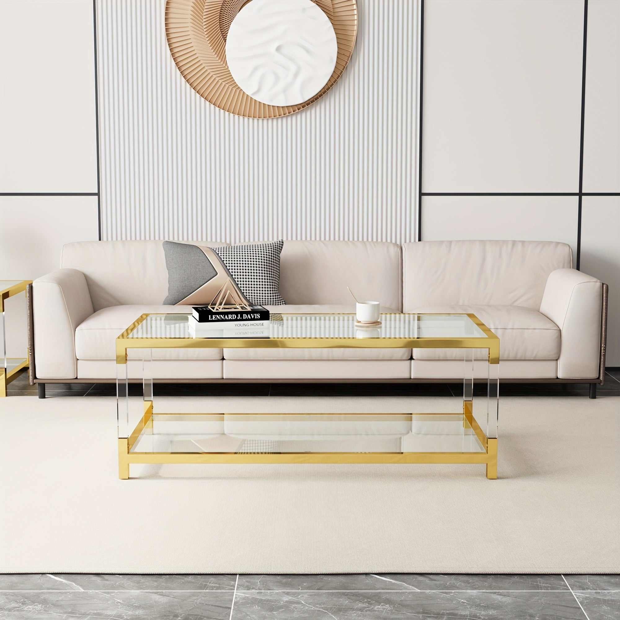 Modern Minimalist Style Coffee Table With High-quality Glass Tabletops, Gold Metal Frame And Transparent Acrylic Legs, Suitable For Living Room, Study, Office, Meeting Various Scene Needs.