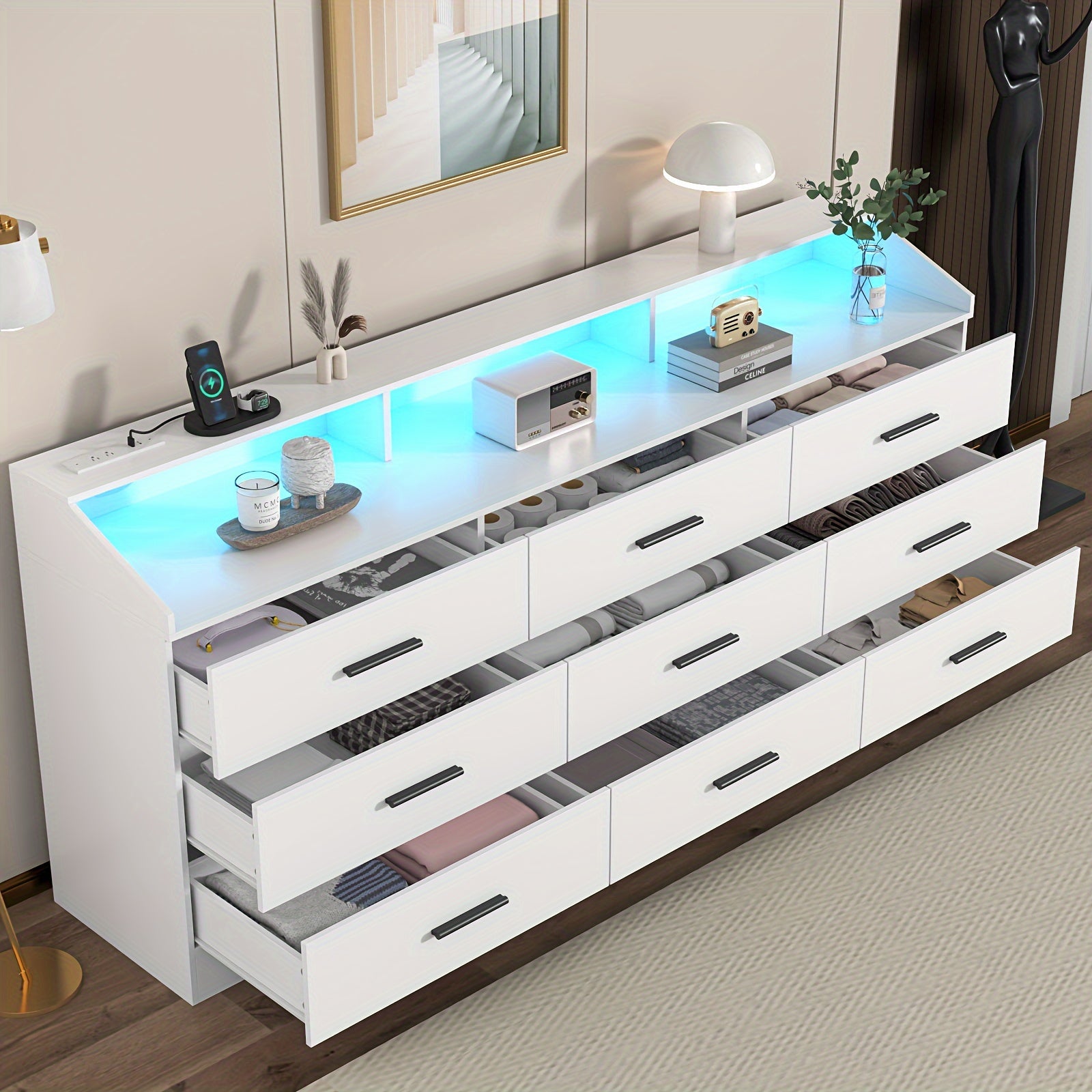 White/ Black Dresser For Bedroom 9 Drawers Dresser With Power Outlet Chest Of Drawers For Closet Modern Dresser