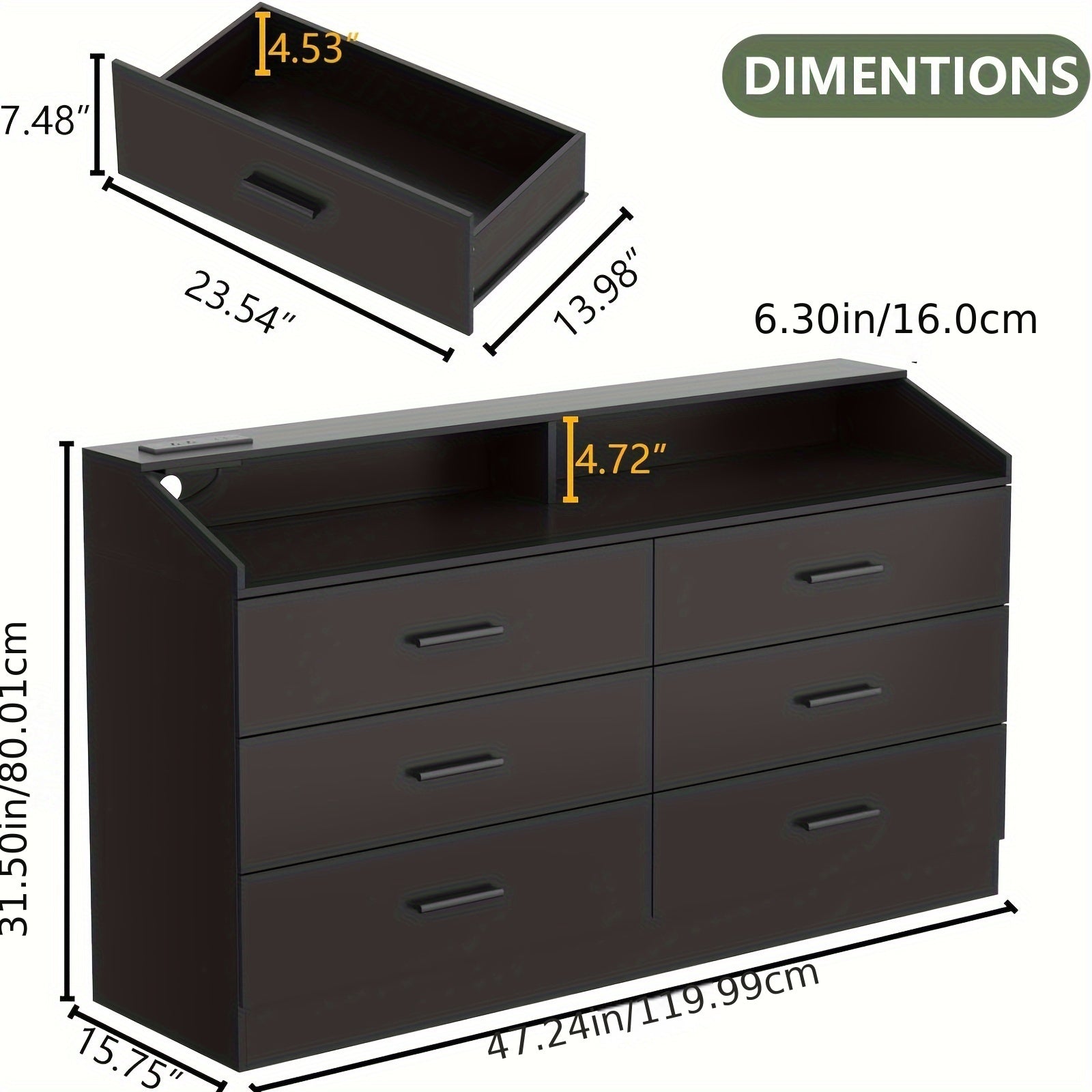 6 Drawer Dresser With Power Outlet, Chest Of Drawers With Open Storage Cubby, Modern Double Wide Dresser Organizer For Bedroom, Living Room, Entryway, Hallway