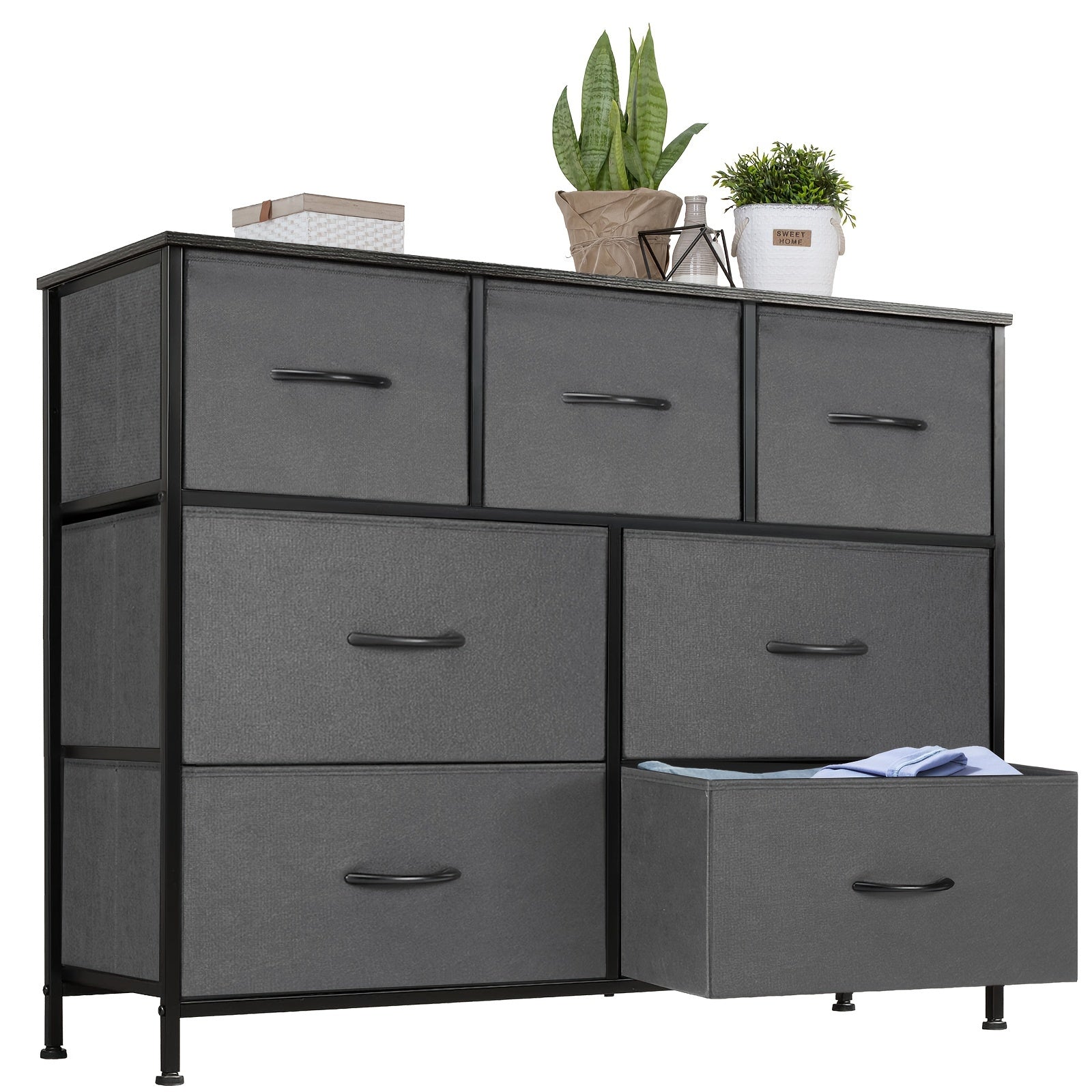 Dresser for Bedroom with 7 Fabric Drawers, Wide Chest Organizer Units for Clothing, Closet, Storage Tower with Cabinet, Metal Frame, Wooden Top, Lightweight Nursery Furniture Storage Drawer Units