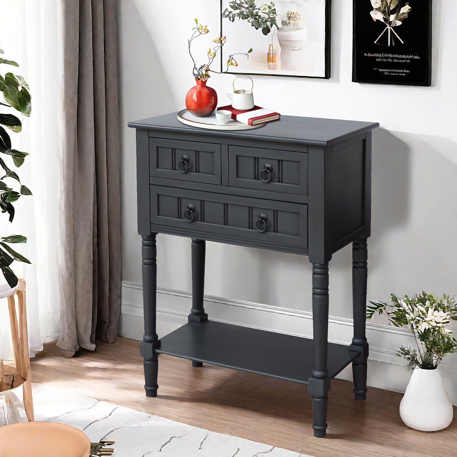 Entryway Table With Storage, Rustic Small Console Table W/ 3 Drawers & Open Bottom Shelf, Solid Wood Console Table, Narrow Sofa Side Table For Living Room, Foyer, Hallway, Entry Table.