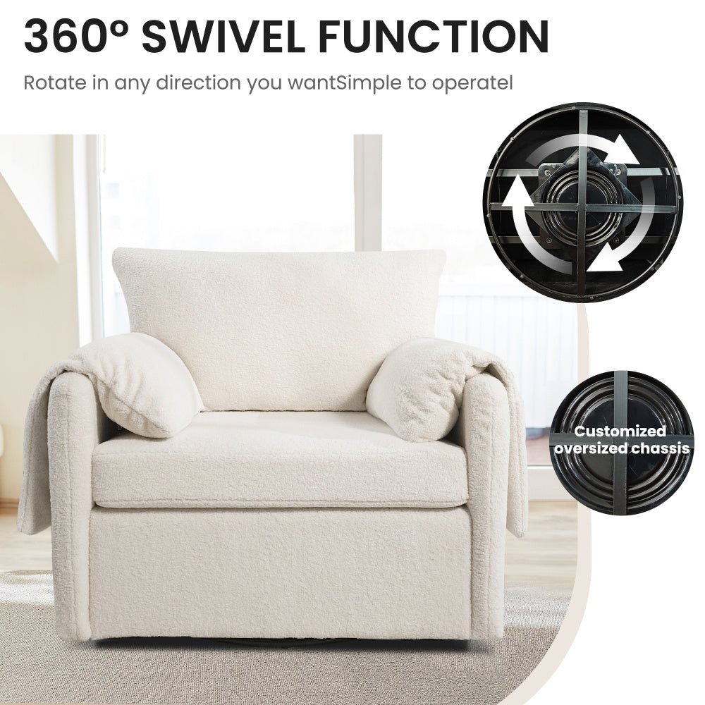 Luxurious Oversized Swivel Armchair - Modern Accent Chair with Soft Teddy Fabric, 360° Rotating Metal Base, and Removable Cushions for Living Room & Bedroom Comfort, Chair for Living Room, Single Sofa Lounge, Comfortable Sea