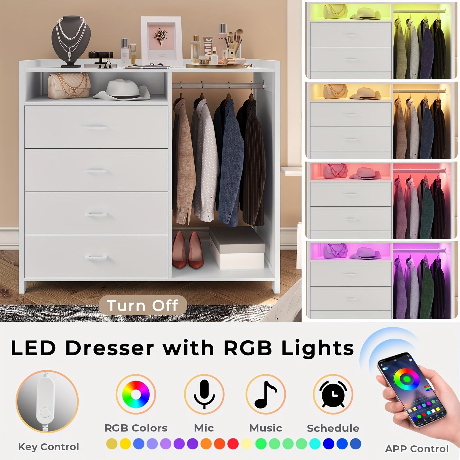 Modern White 4-Drawer Dresser with LED Lights - Versatile Storage Chest for Bedroom, Includes Clothes Rail & Open Shelf