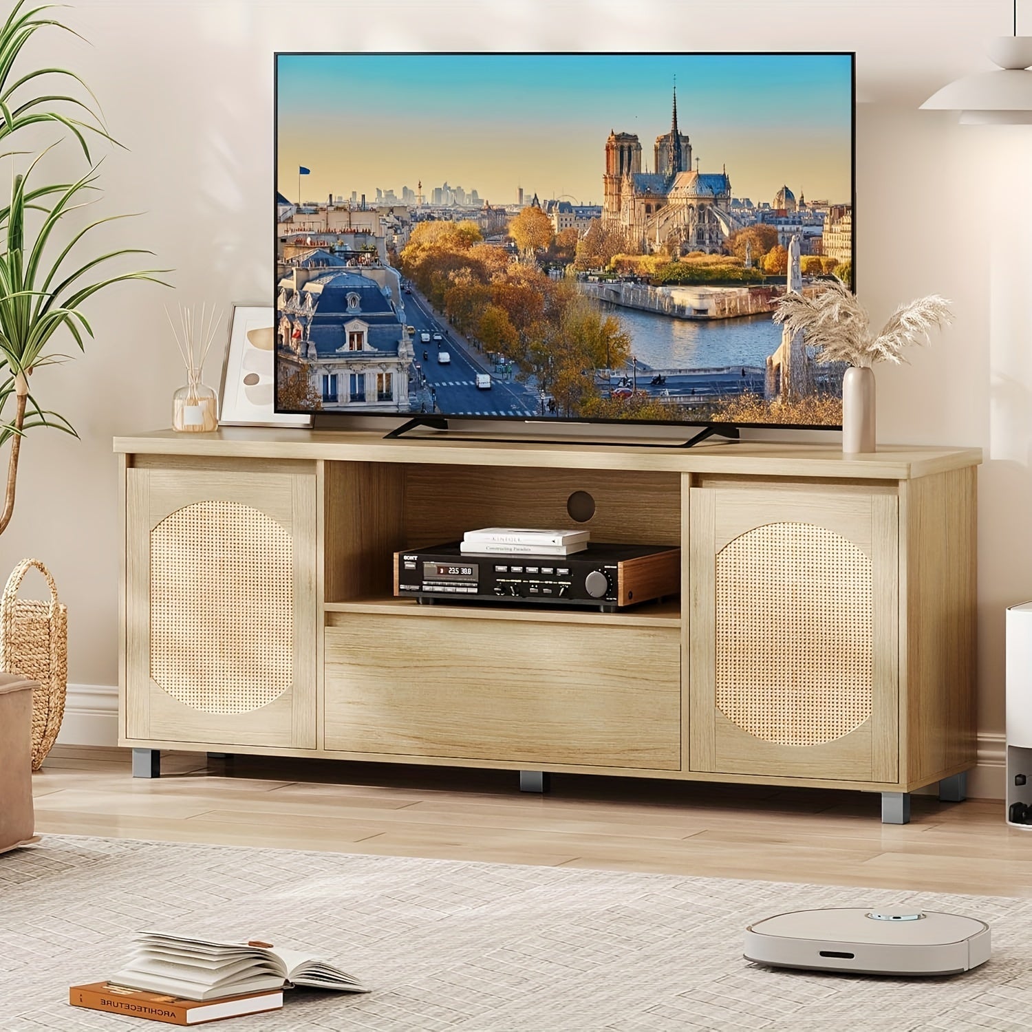 1pc Rattan TV Stand For 70 Inch TV, Boho TV Entertainment Center, TV Console With Drawer And 2 Cabinets, Media Console Cabinet For Living Room, Bedroom, Natural Oak