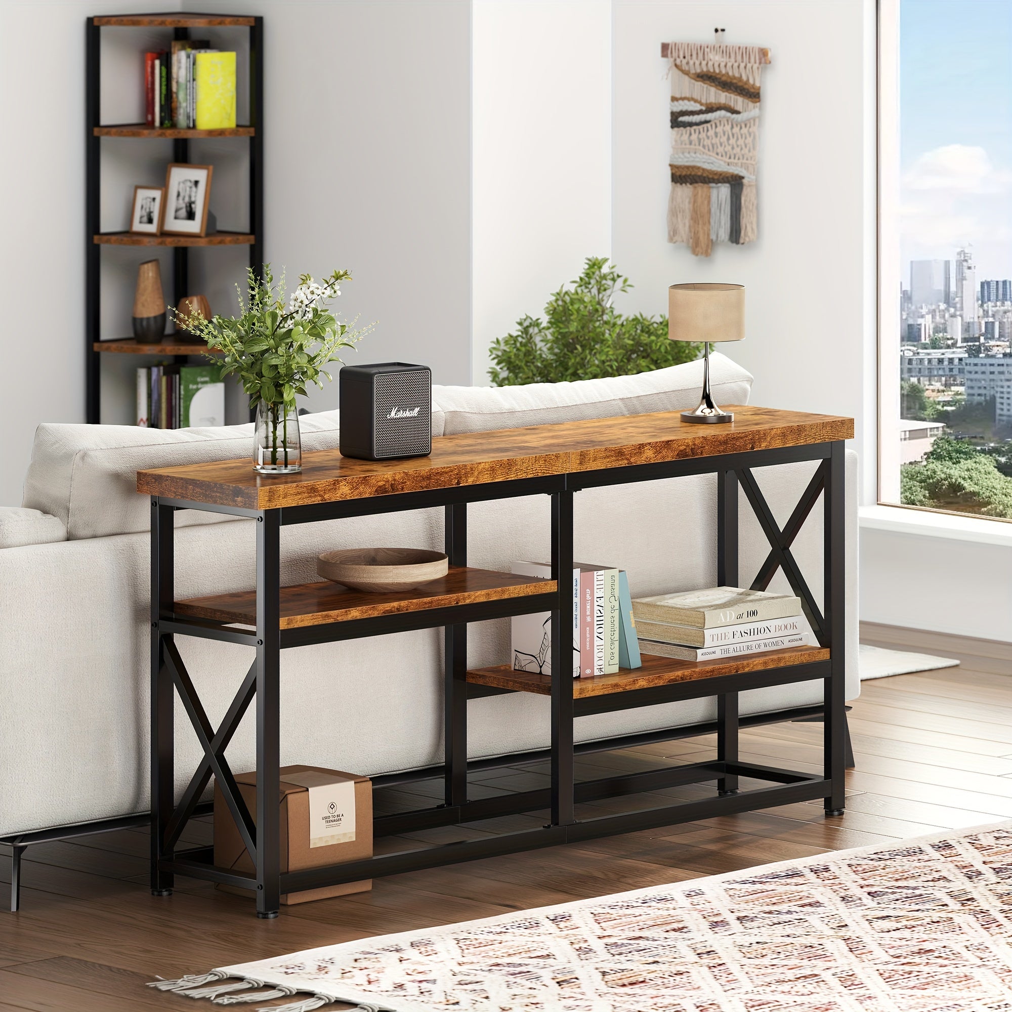 55-Inch Narrow Sofa Console Table, Hallway Table With 3-Tier Wooden Shelves And Industrial Metal Frame, Ideal For Entryway, Hallway, Or Living Room Behind Couch