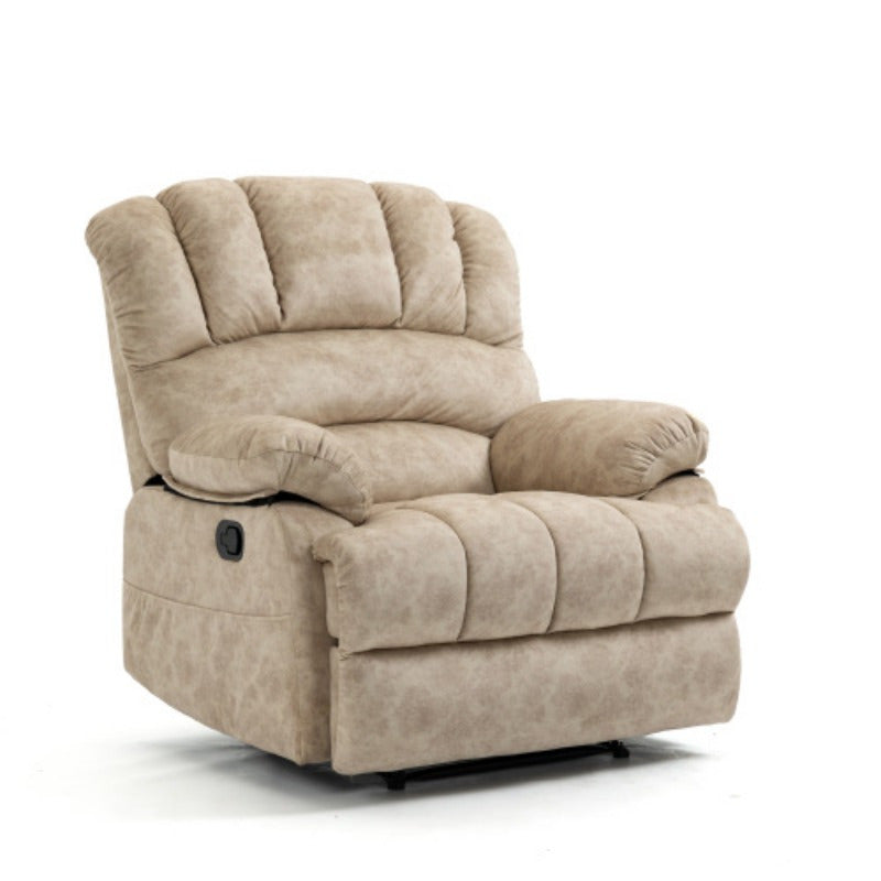 Luxurious Beige Fabric Recliner Chair with Padded Headrest and Side Pockets - Sturdy Metal Frame, Manual Adjustment, Ideal for Living Room Comfort, Chair Cushion