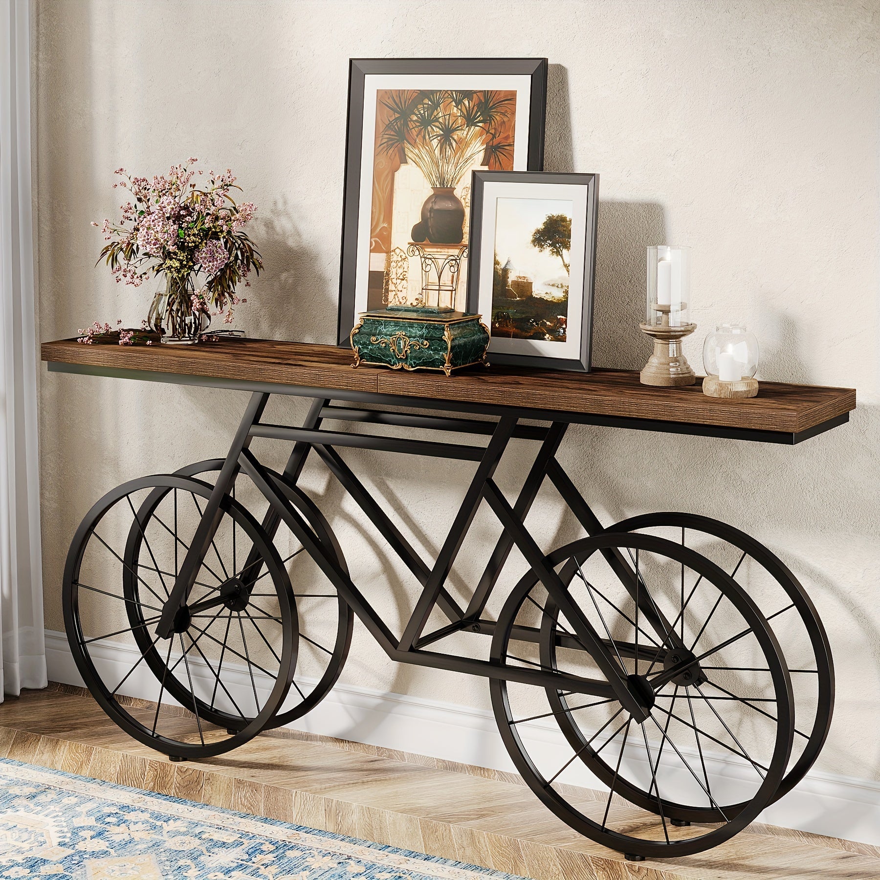 70.9-Inch Extra Long Console Table, Narrow Sofa Table With Bicycle Metal Base, Modern Industrial Entryway Table Behind Couch Table For Living Room, Hallway, Entrance, Foyer