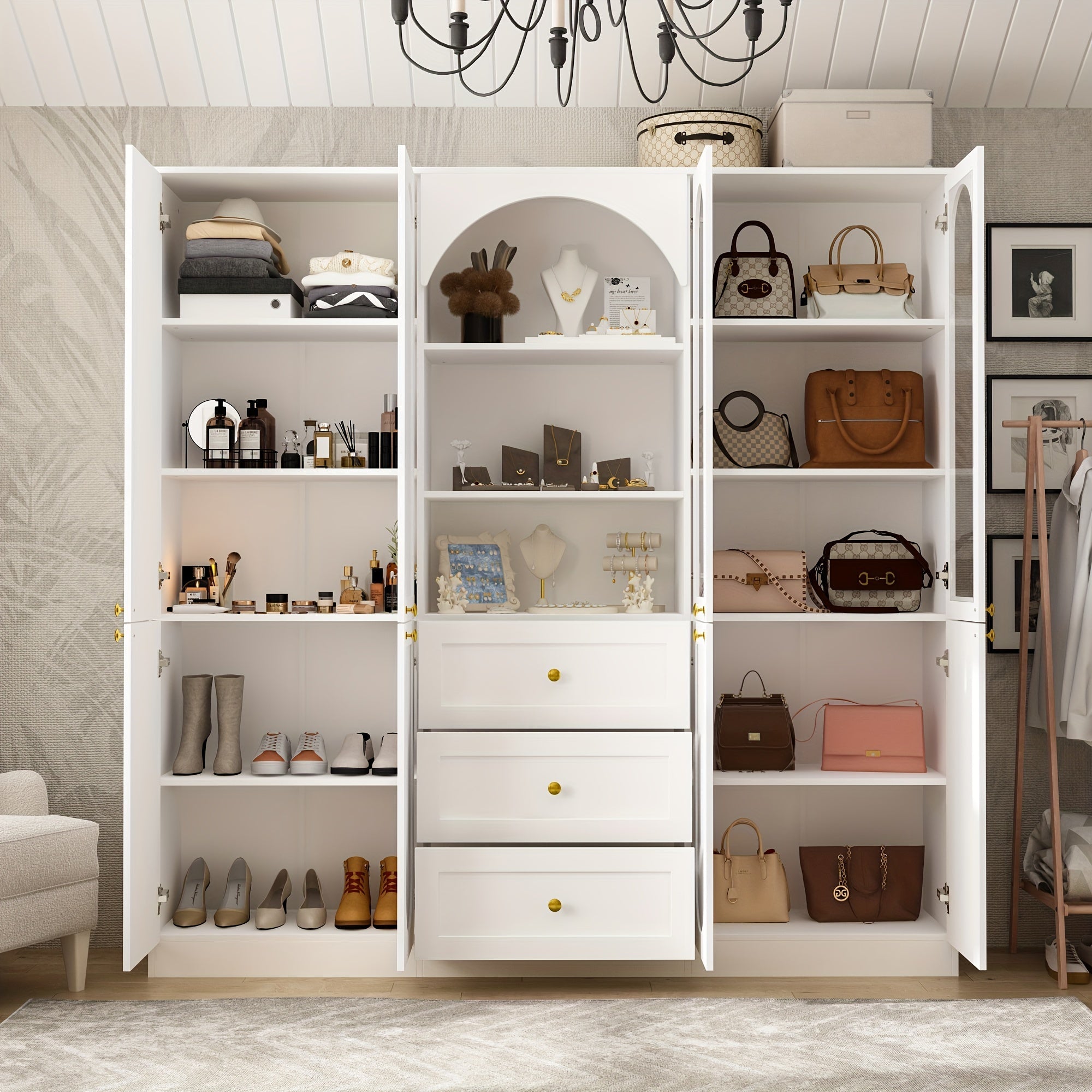 Large Wardrobe Armoire Wooden Closet With 3 Drawers & Open Shelves, Storage Cabinet With Glass Doors & Arch Pattern, Large Storage Space, Stylish And Modern Design, White