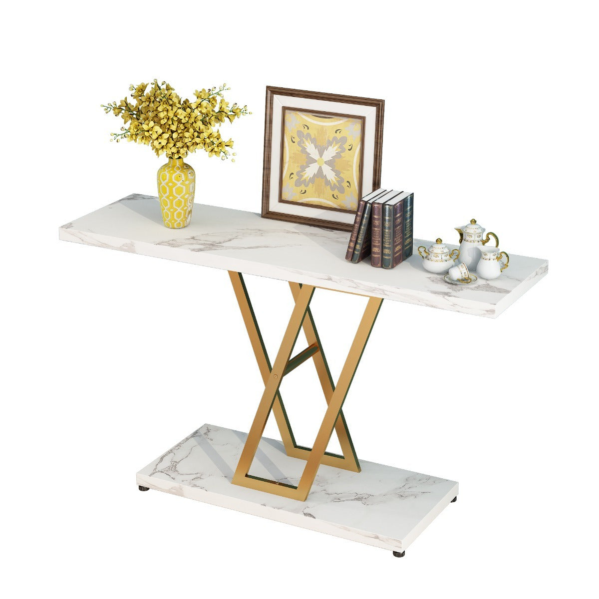 Console Table: 42-Inch Industrial Entryway Table for Living Room - Narrow Sofa Table with Sturdy Metal Frame, Easy Assembly in Elegant Golden/ White - Perfect for Holiday Decor and Creating a Warm, Welcoming Entrance This Sea