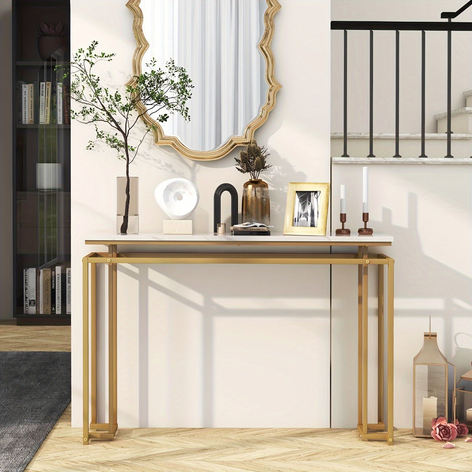 Elegant 47" White Faux Marble Top Console Table with Golden Metal Frame - Modern Entryway Table with Anti-Toppling Kit, Adjustable Feet for Stability, Waterproof & Durable - Perfect for Decor & Everyday Use, Console Table for