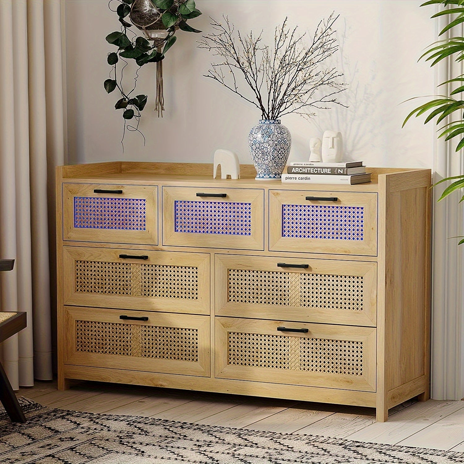 Natural Rattan 7 Drawer Dresser With LED Lights Chests Of Drawers For Bedroom, Hallway, Entryway