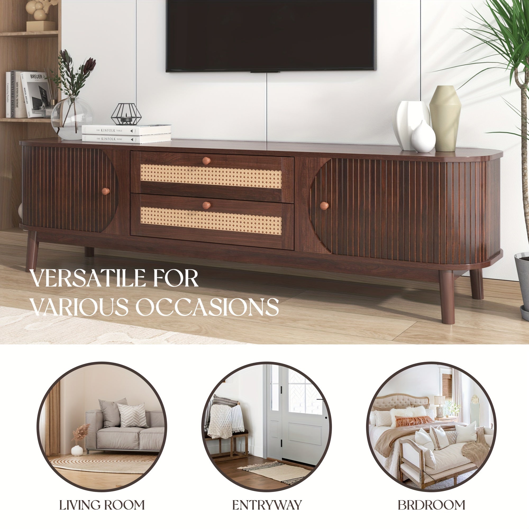 Rattan TV Stand For TVs Up To 75'', Modern Farmhouse Media Console, Entertainment Center With Solid Wood Legs, TV Cabinet For Living Room, Home Theatre