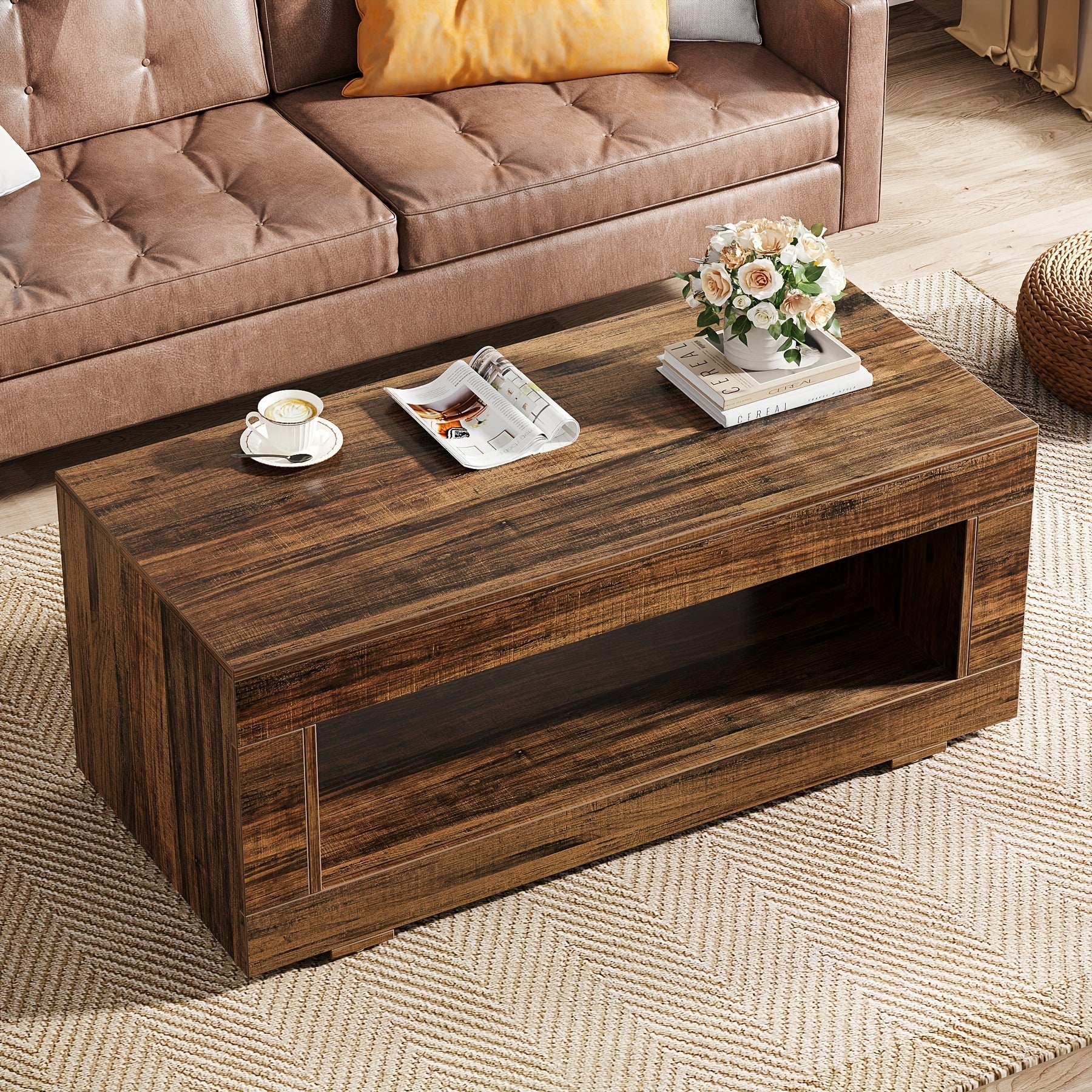 Coffee Table For Living Room, 107cm Modern Farmhouse Coffee Table With Storage, 2-Tier Wood Rectangular Center Table Cocktail Living Room Table With Sturdy Base, Rustic Brown