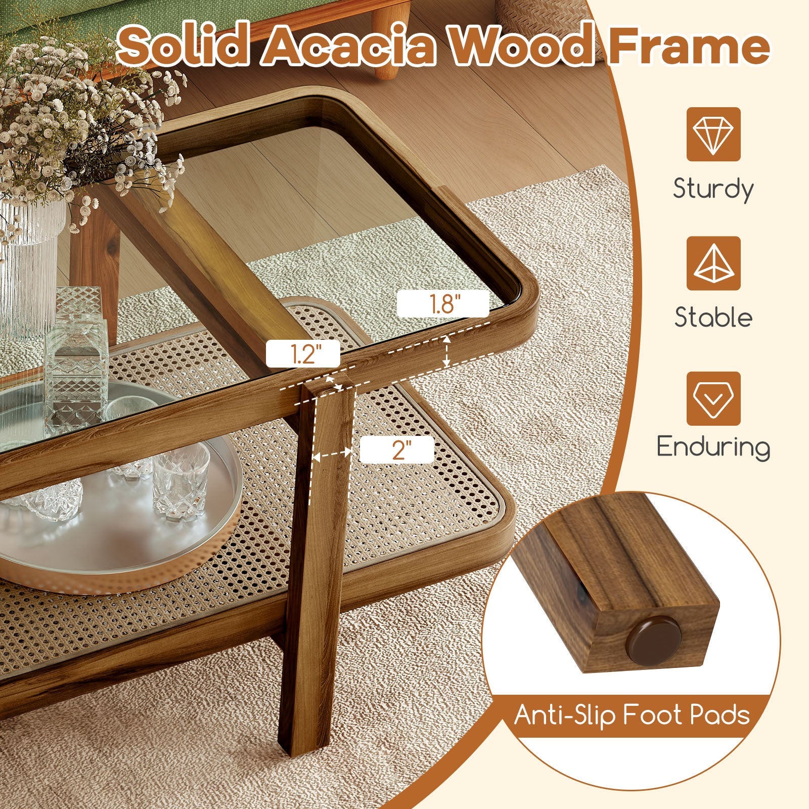 2-Tier Coffee Table with Storage Rustic Center Table with Tempered Glass Tabletop PE Rattan Shelf & Acacia Wood Frame