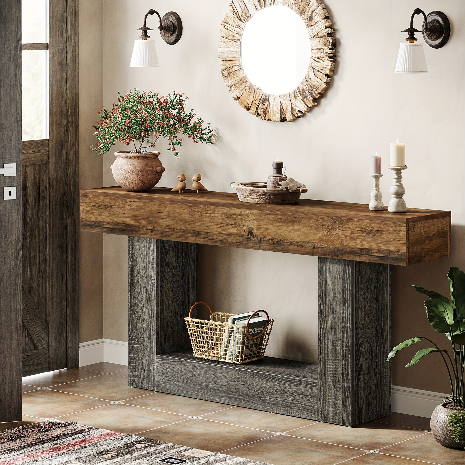 63" Narrow Long Console Table With Storage, Farmhouse 2-Tier Entryway Table With U-Shaped Base, Vintage Wood Sofa Table Behind Couch Table For Living Room, Hallway, Foyer, Rustic Brown And Grey