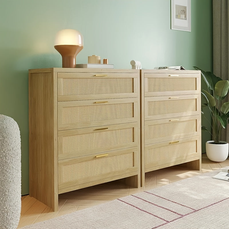 4 Drawer Dresser for Bedroom, Rattan Modern Wooden Dresser Chest with Golden Handles,, Wood Storage Cabinet, Beside Table for Closet, Living Room and Entryway, Natural